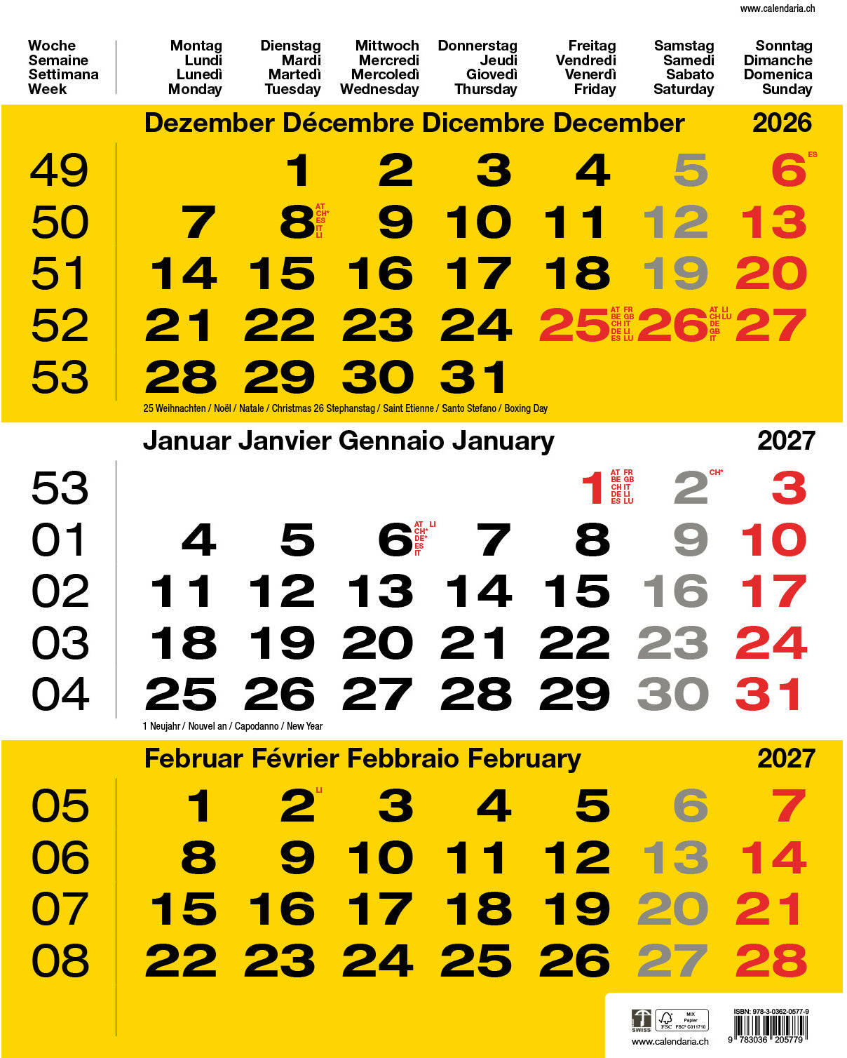 Calendaria 3-Monats-Kalender, 3 Monate pro Seite, 2027, 31 × 40 cm, hoch, mit Datumschieber