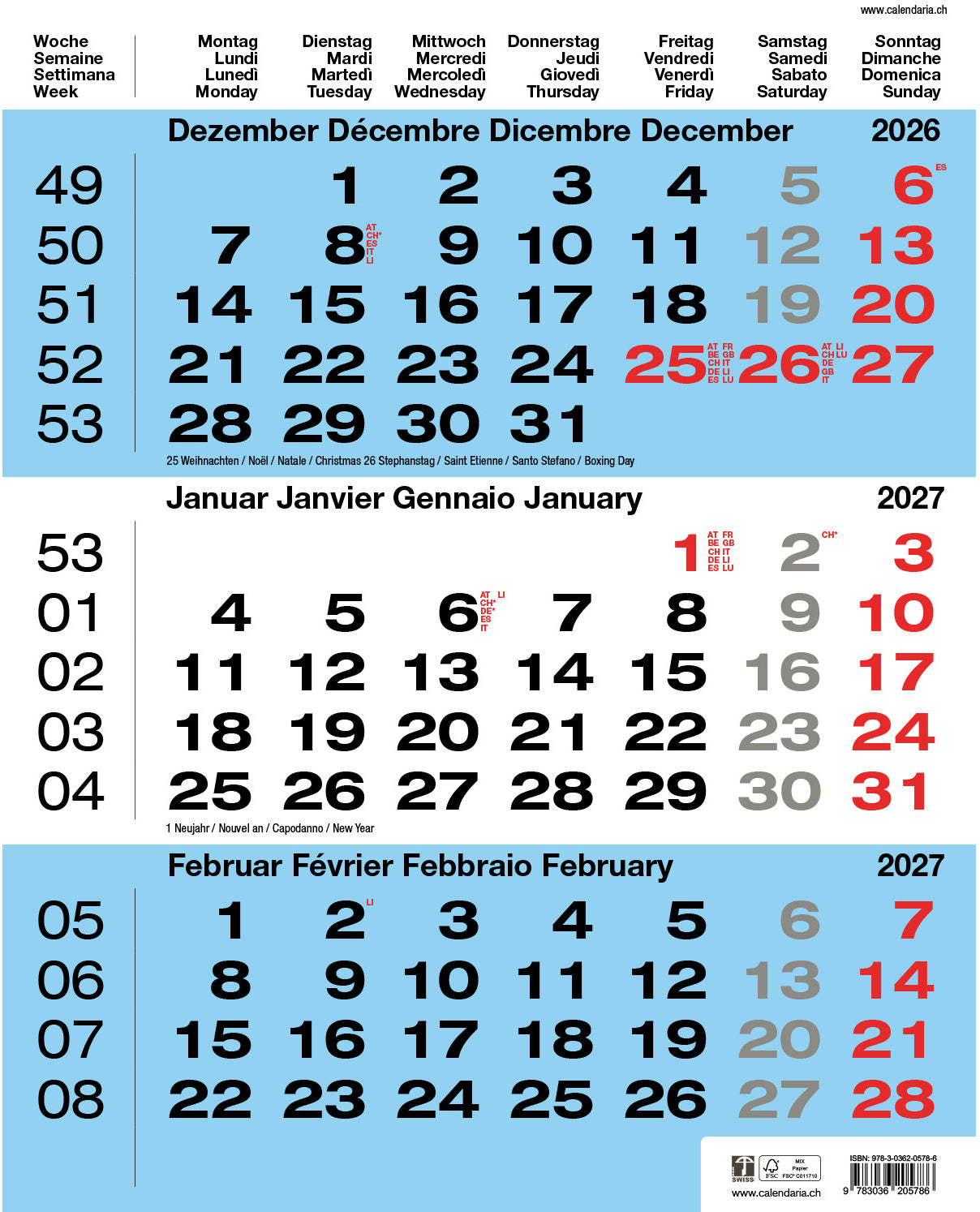Calendaria 3-Monats-Kalender, 3 Monate pro Seite, 2027, 31,5 × 40,5 cm, mit Datumschieber