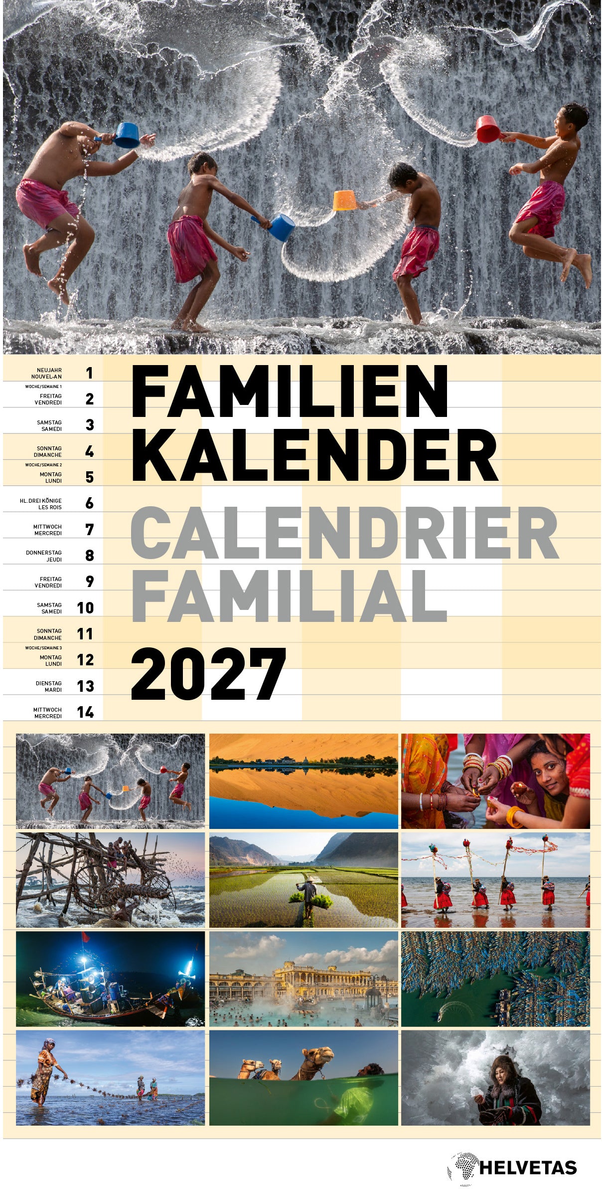 Calendaria Familienplaner Helvetas, Monat, 2027, 27,5 × 57 cm, d/f, 5 Spalten