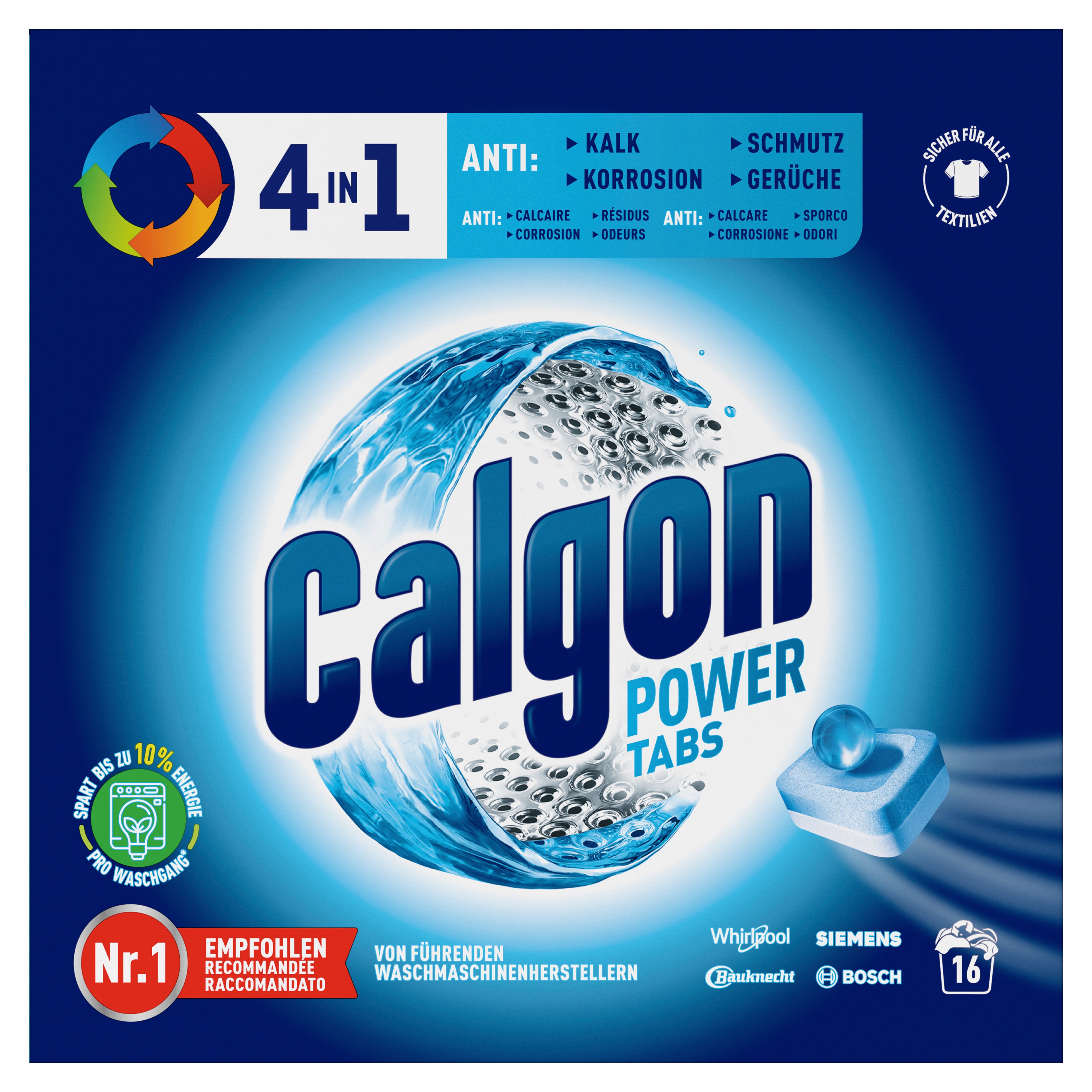 Calgon Spezialwaschmittel für Waschmaschine 4in1 Power Tabs – 16 Tabs – schützt vor Kalk