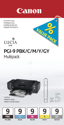 Canon PGI-9 Tintenpatronen-Multipack, Foto-Schwarz/Cyan/Magenta/Gelb/Grau (Original) – für PIXMA Pro9500