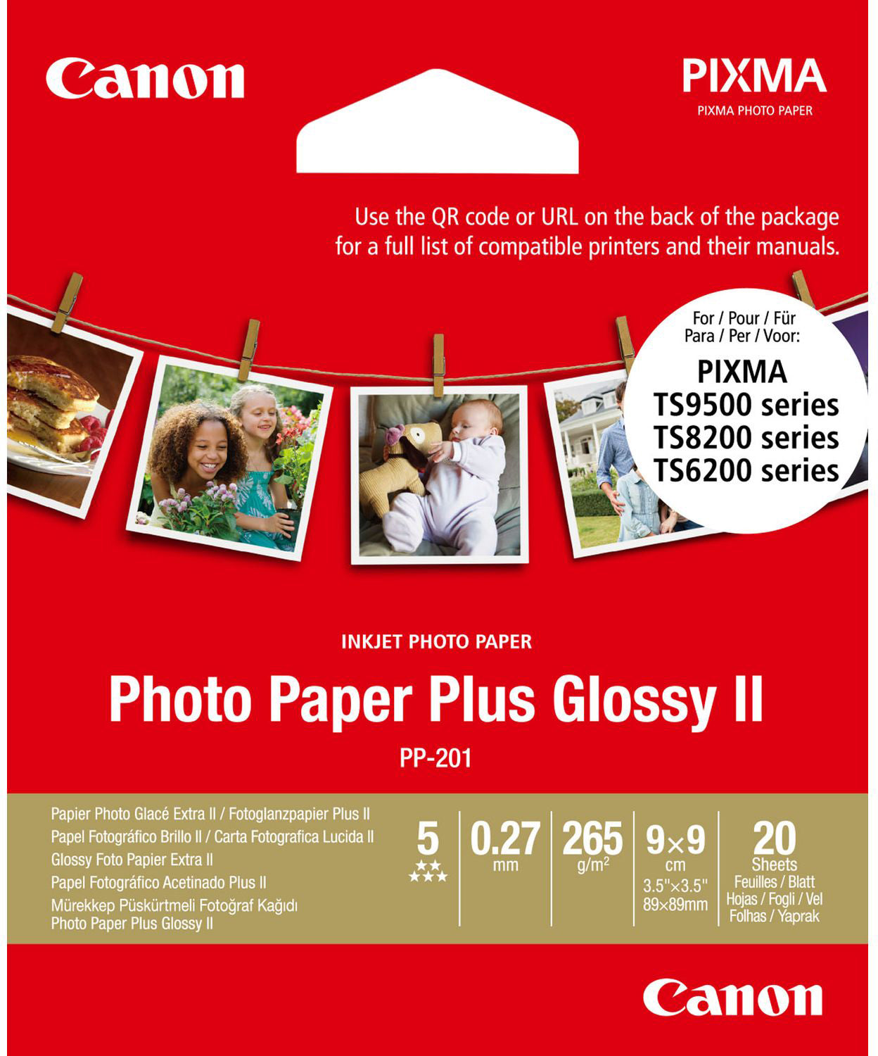 Canon Photo Paper Plus Glossy II Fotopapier – glänzend, 8,9 × 8,9 cm, 265 g/m², 20 Blatt, für Inkjet