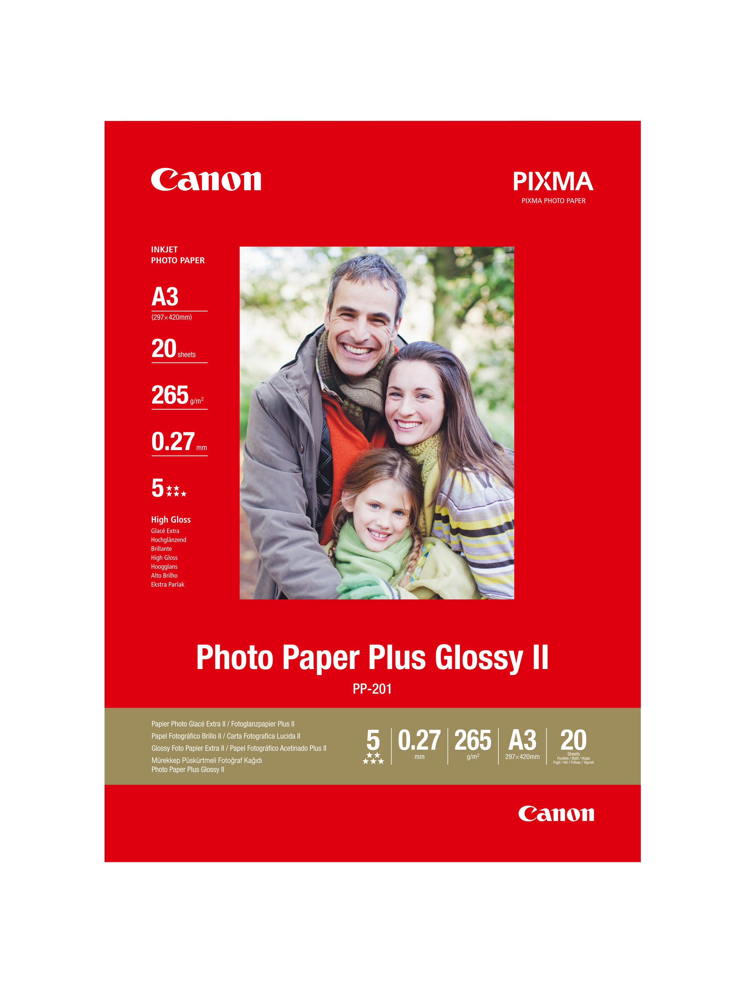 Canon Photo Paper Plus Glossy II Fotopapier – hochglänzend, A3, 260 g/m², 20 Blatt, für Inkjet
