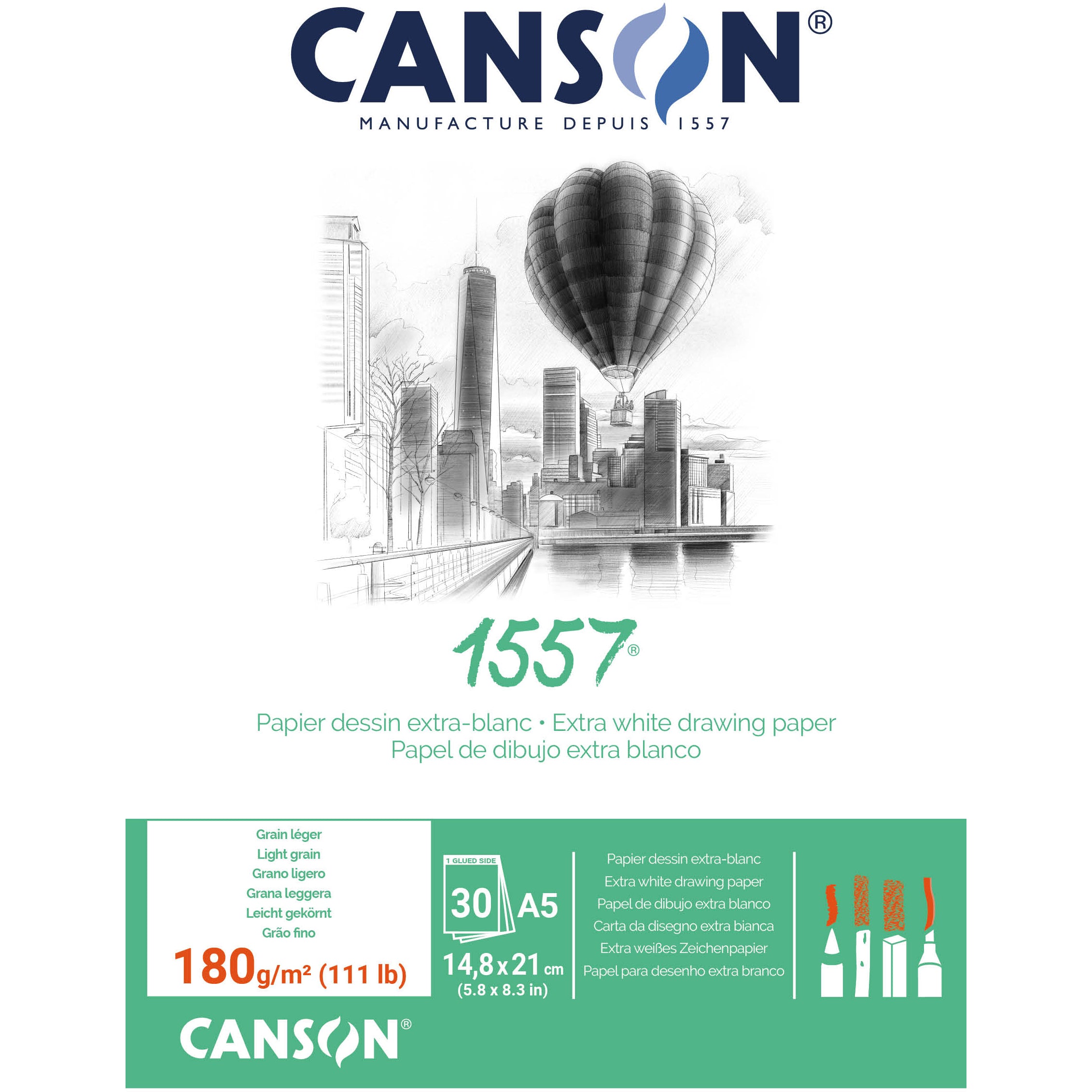 Canson Skizzenblock 1557 – A5 – 180 g/m² – geleimt – 30 Blatt – für Bleistift, Farbstift & Kohle