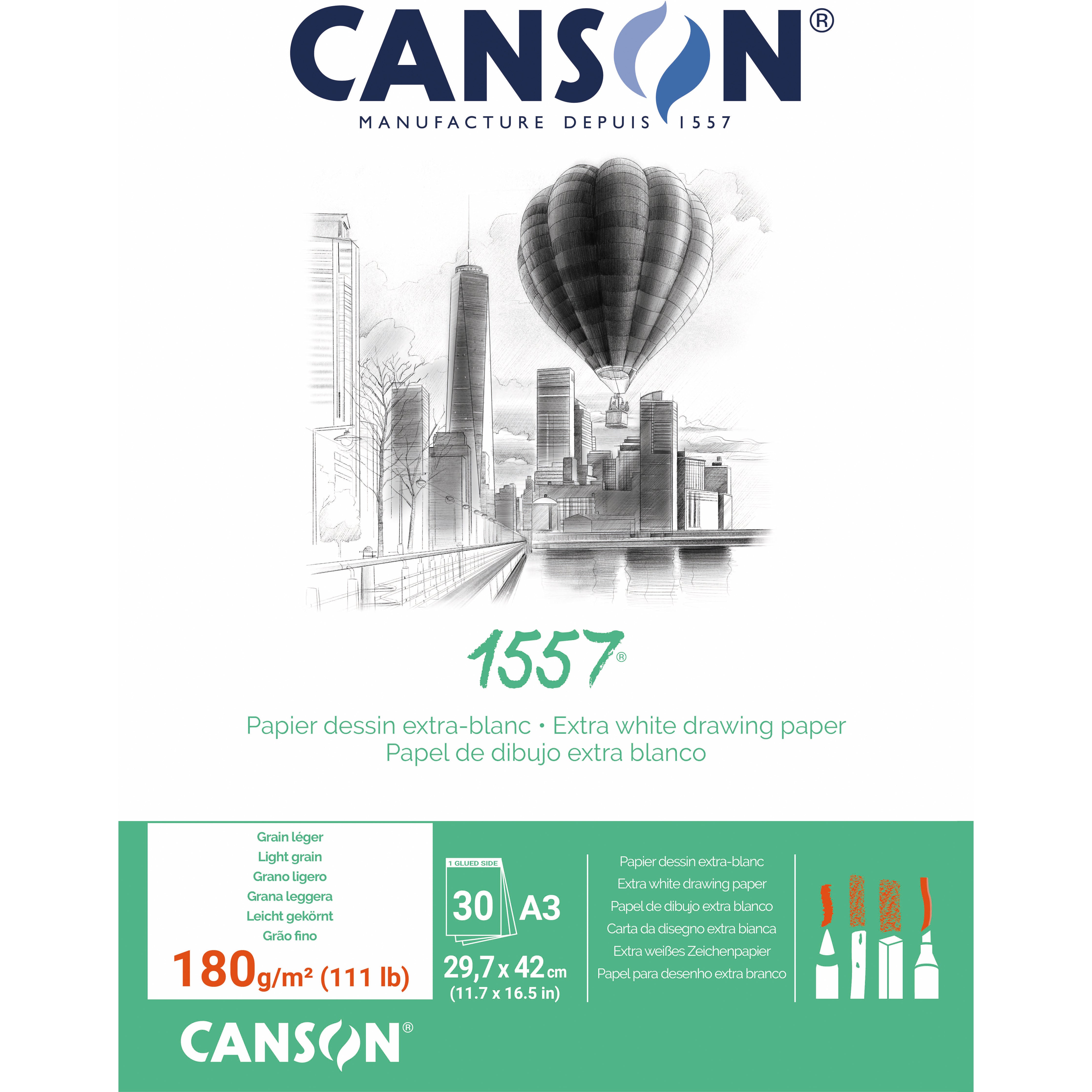 Canson 1557 Skizzenblock – A3 – 180 g/m² – geleimt – 30 Blatt, weiss, feinkörnig