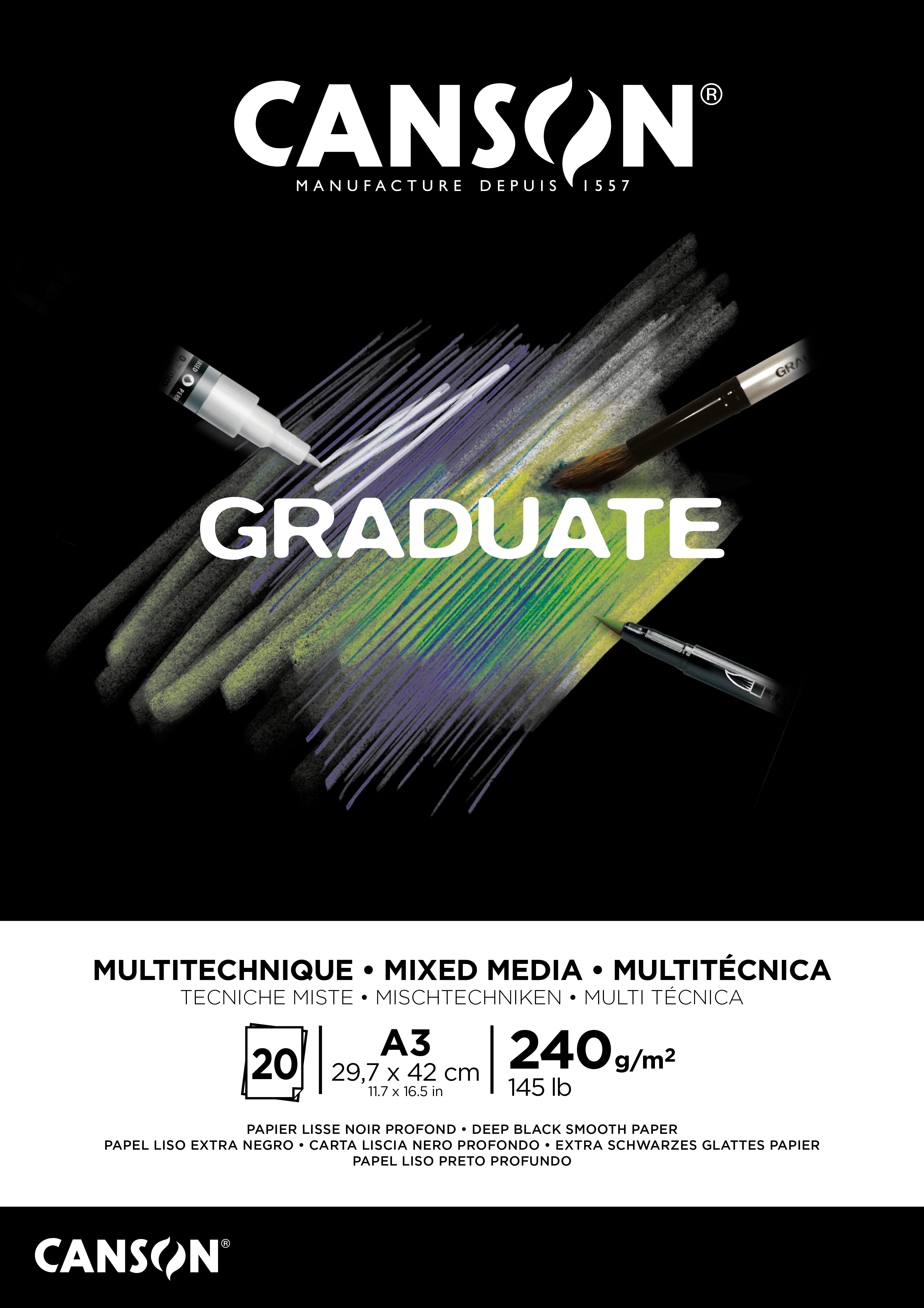 Canson Graduate Mixed-Media-Block – A3, 240 g/m², schwarz, glatt, geleimt, 20 Blatt – FSC