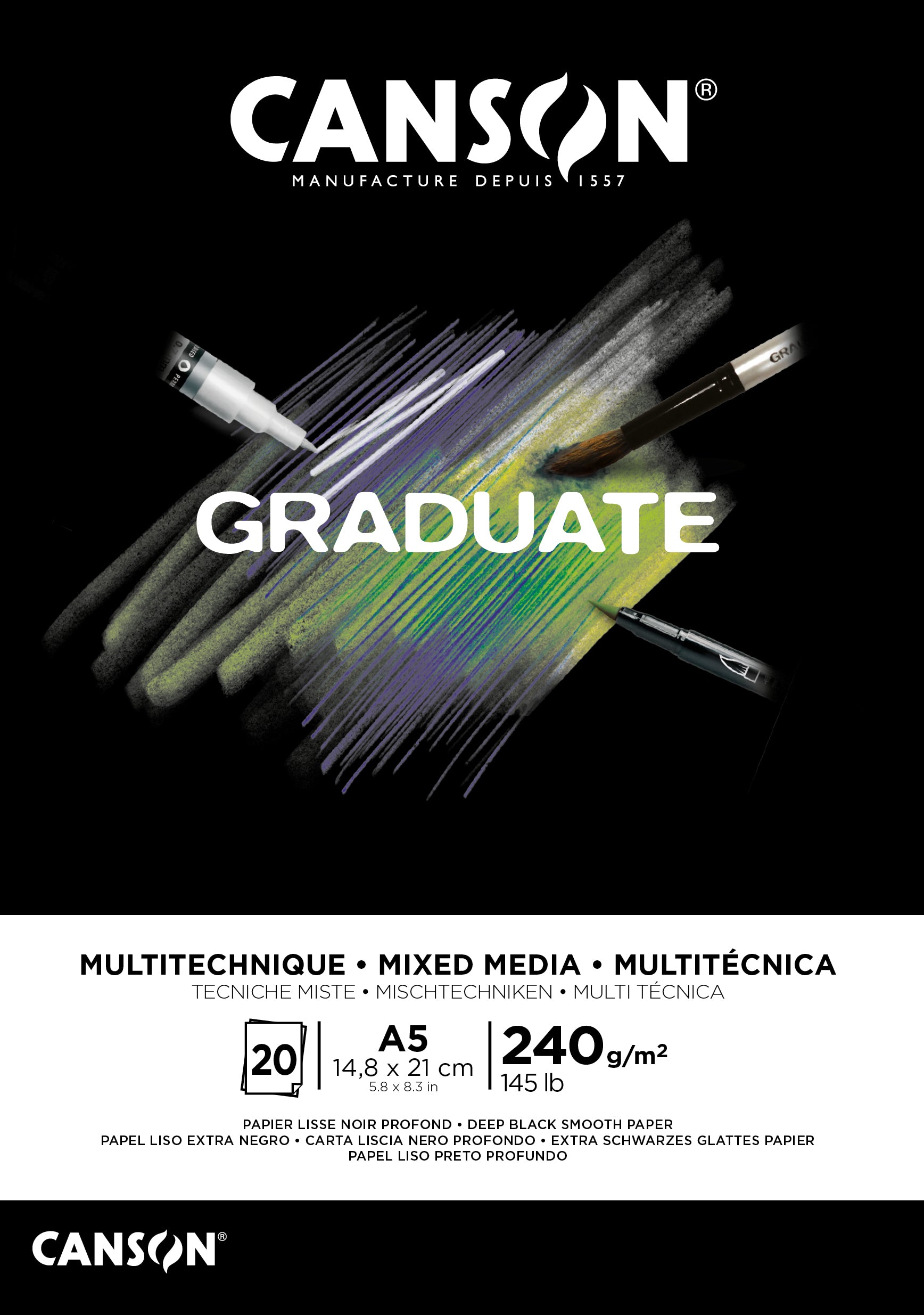 Canson Graduate Mixed-Media-Block – A5, 240 g/m², schwarz, glatt, geleimt, 20 Blatt, für Mixed Media – FSC