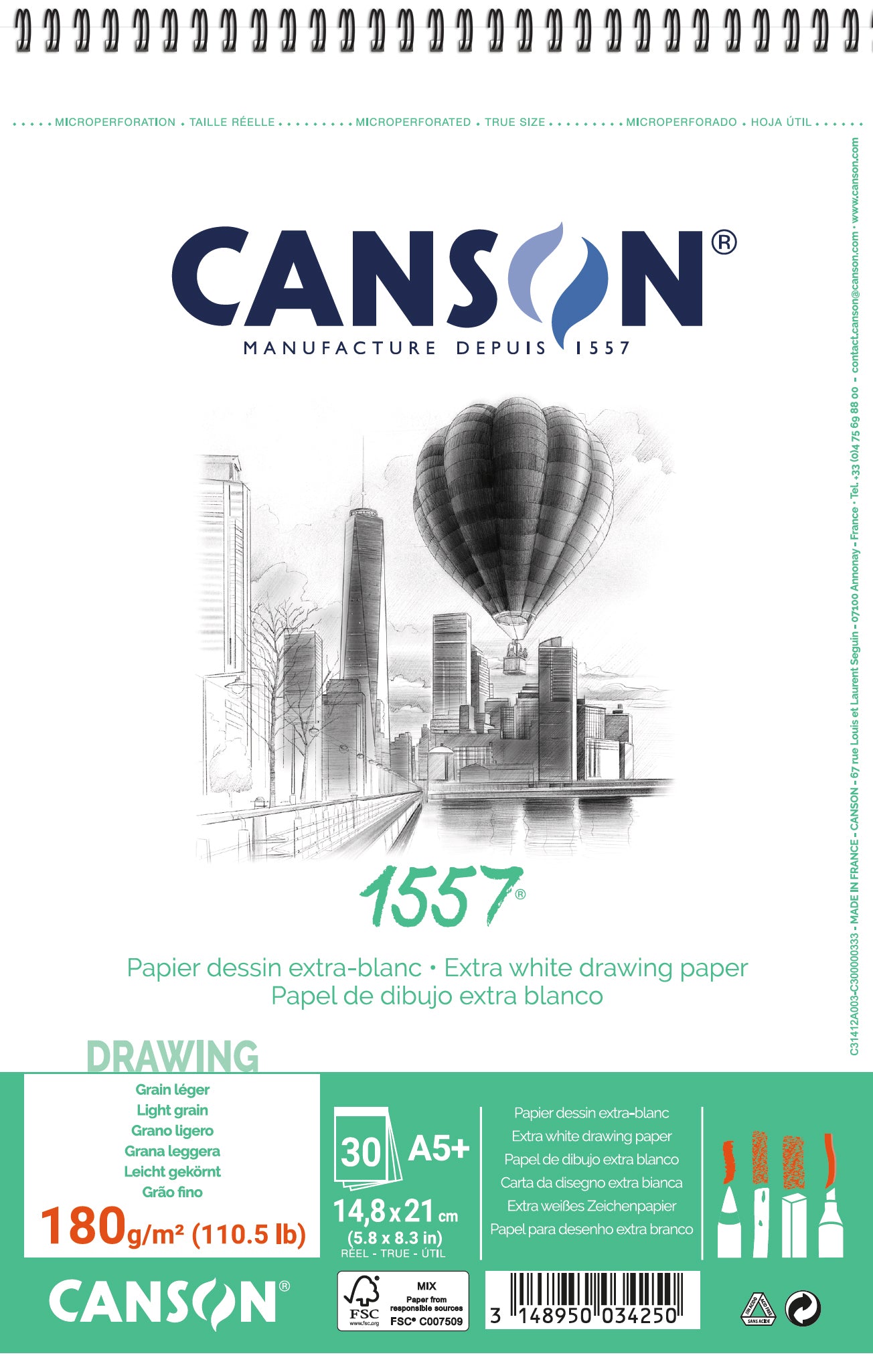 Canson 1557 Skizzenblock – A5, 180 g/m², weiss, feinkörnig, geleimt, 30 Blatt, für diverse Techniken – FSC