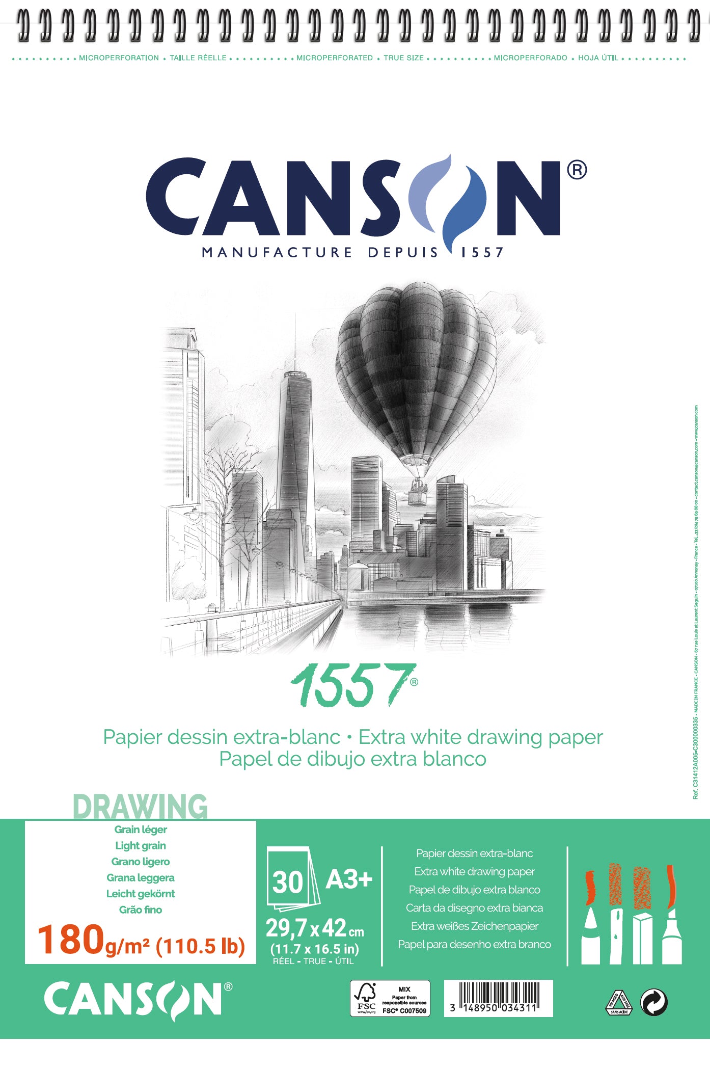 Canson 1557 Skizzenblock – A3, 180 g/m², weiss, feinkörnig, geleimt, 30 Blatt, für trockene Techniken – FSC