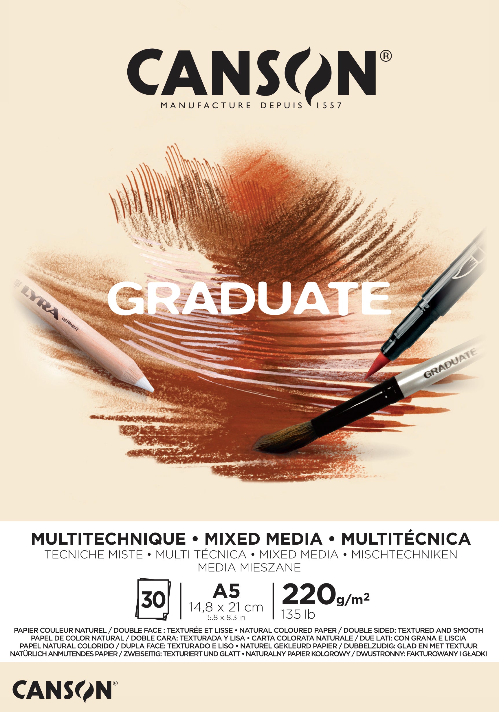 Canson Graduate Mixed Media Block – A5 – 220 g/m² – 20 Blatt, beige, für Aquarell & Marker