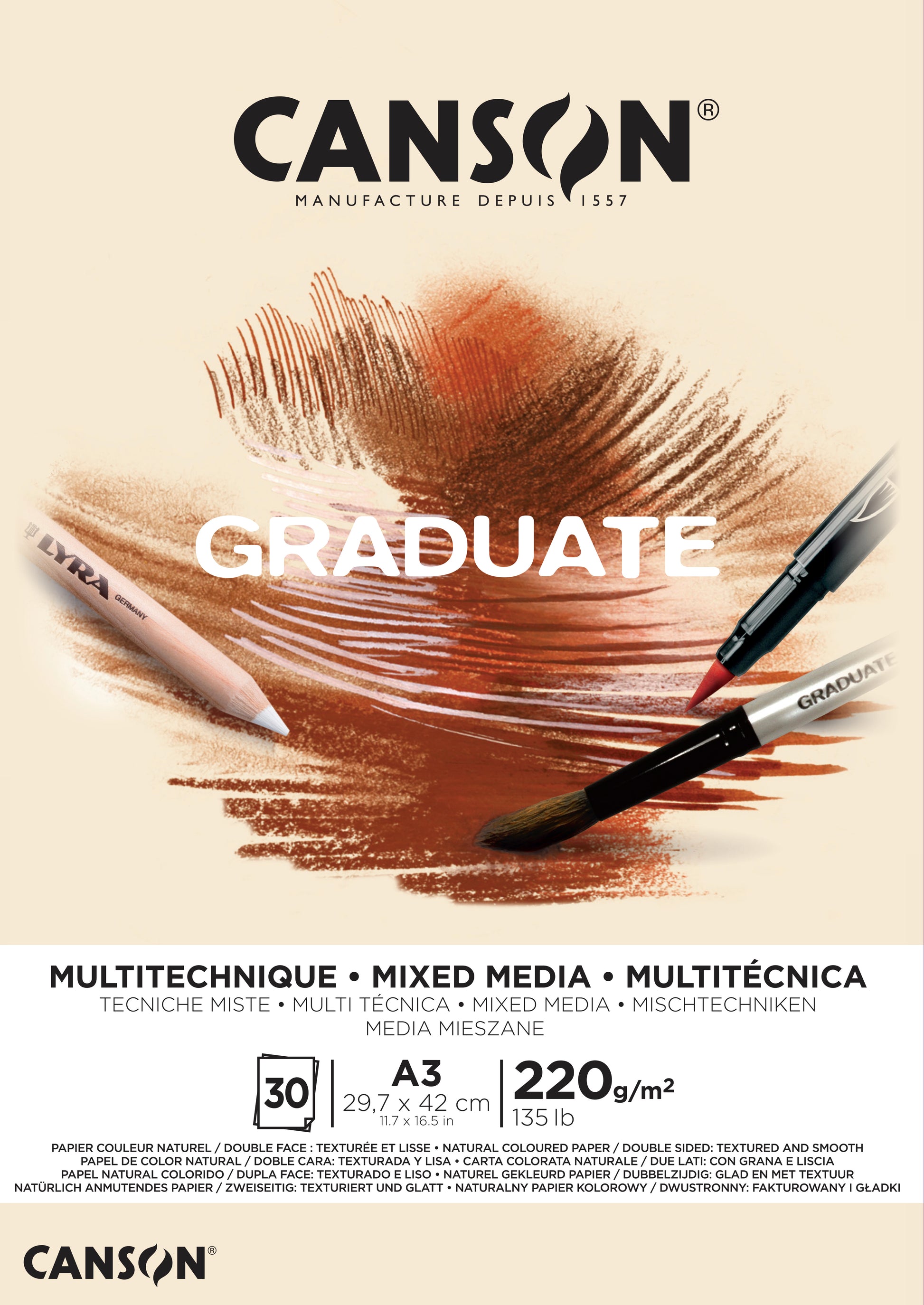 Canson Graduate Mixed Media Block – A3 – 220 g/m² – kurzseitig geleimt – 20 Blatt, naturfarben, körnig und glatt