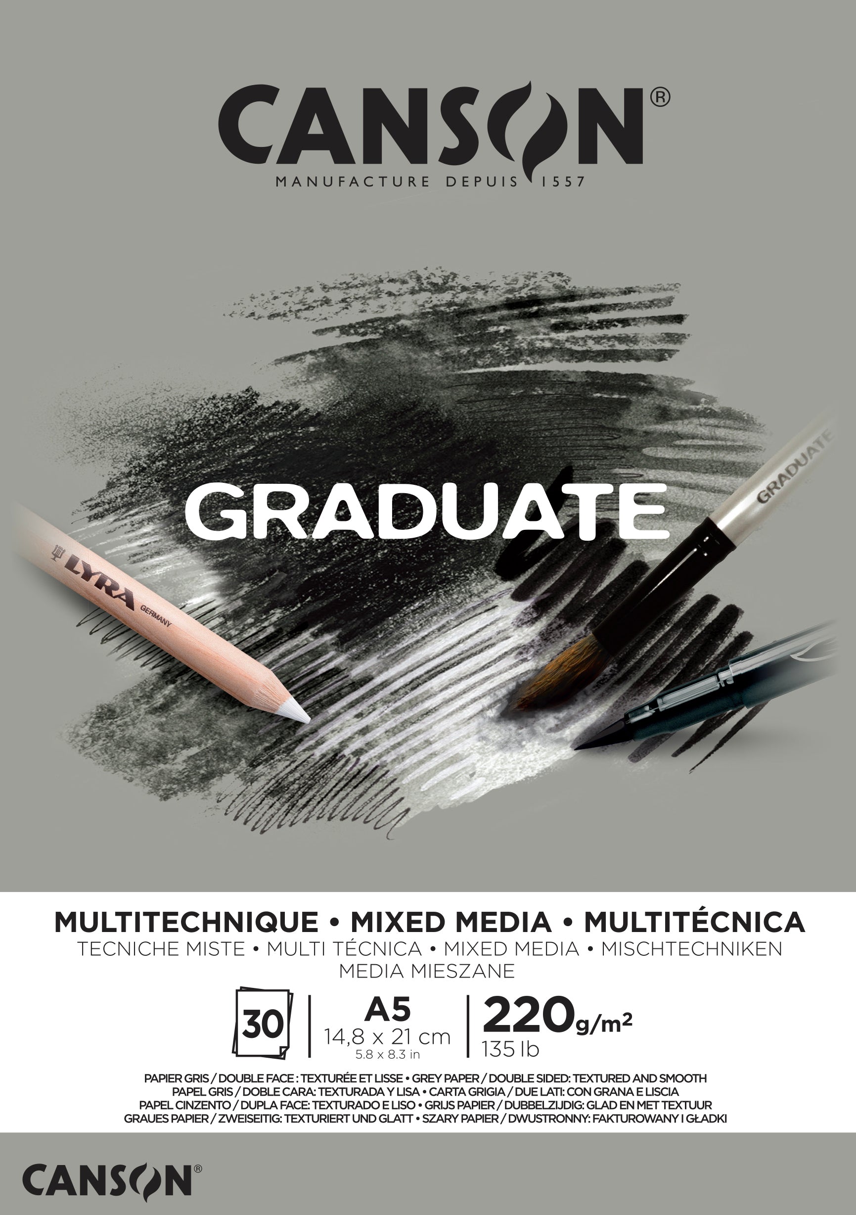 Canson Graduate Mixed Media Block – A5 – 220 g/m² – geleimt – 20 Blatt, grau, für Aquarell, Marker & Graphit