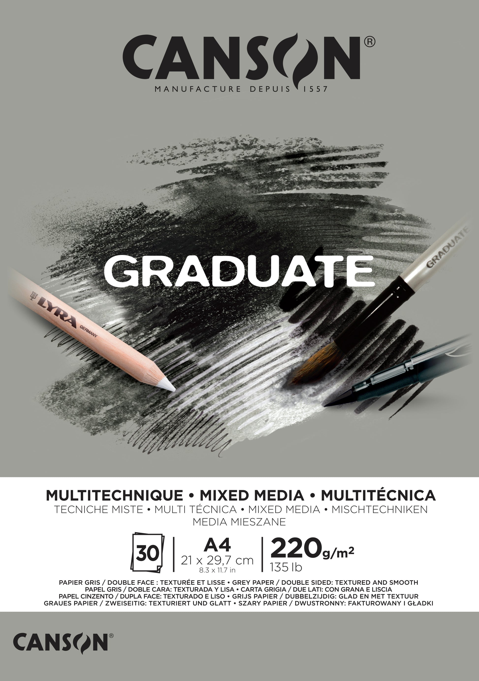 Canson Graduate Mixed Media Block – A4 – 220 g/m² – geleimt – grau, körnig & glatt