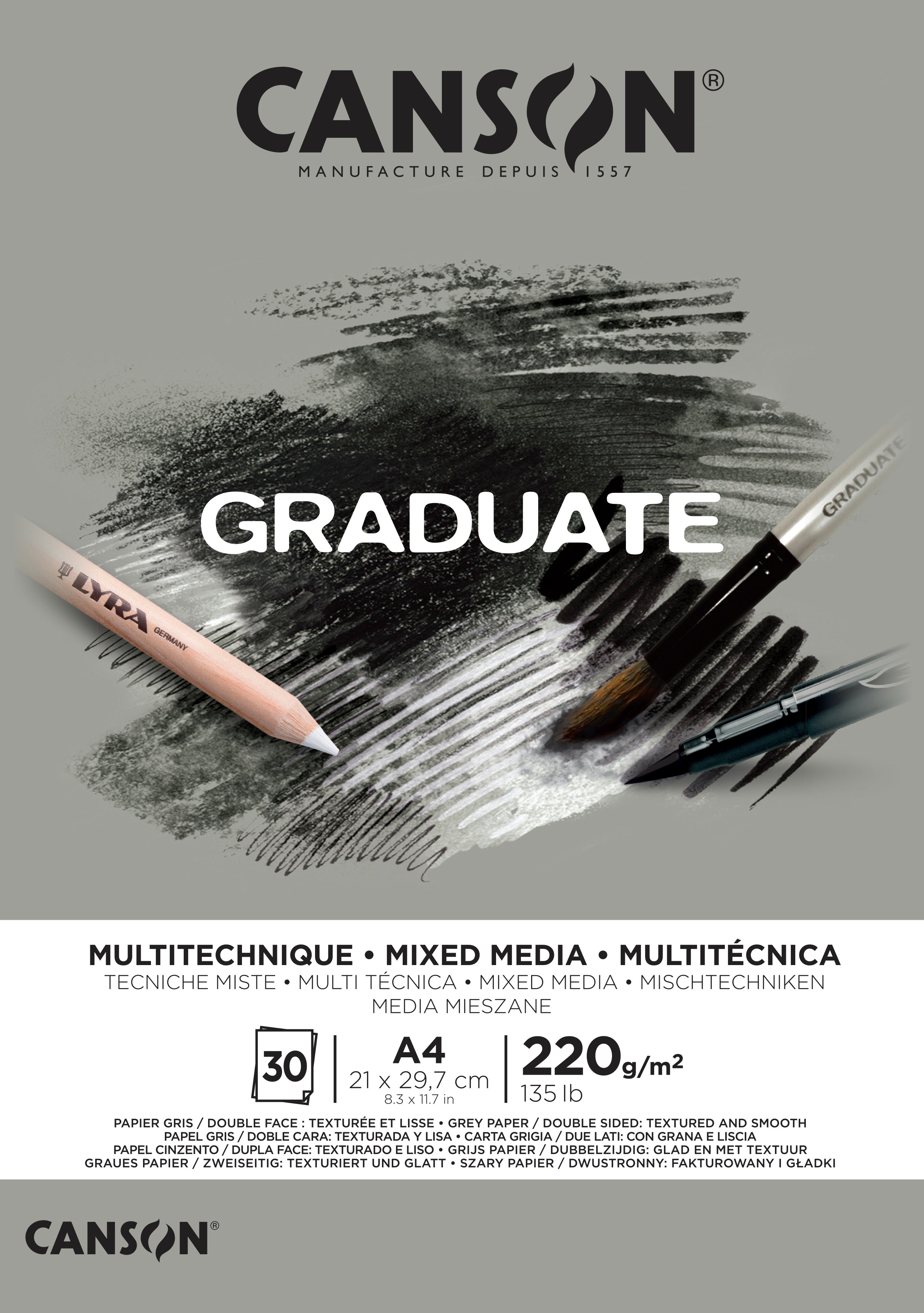 Canson Graduate Mixed Media Block – A4 – 220 g/m² – geleimt – grau, körnig & glatt
