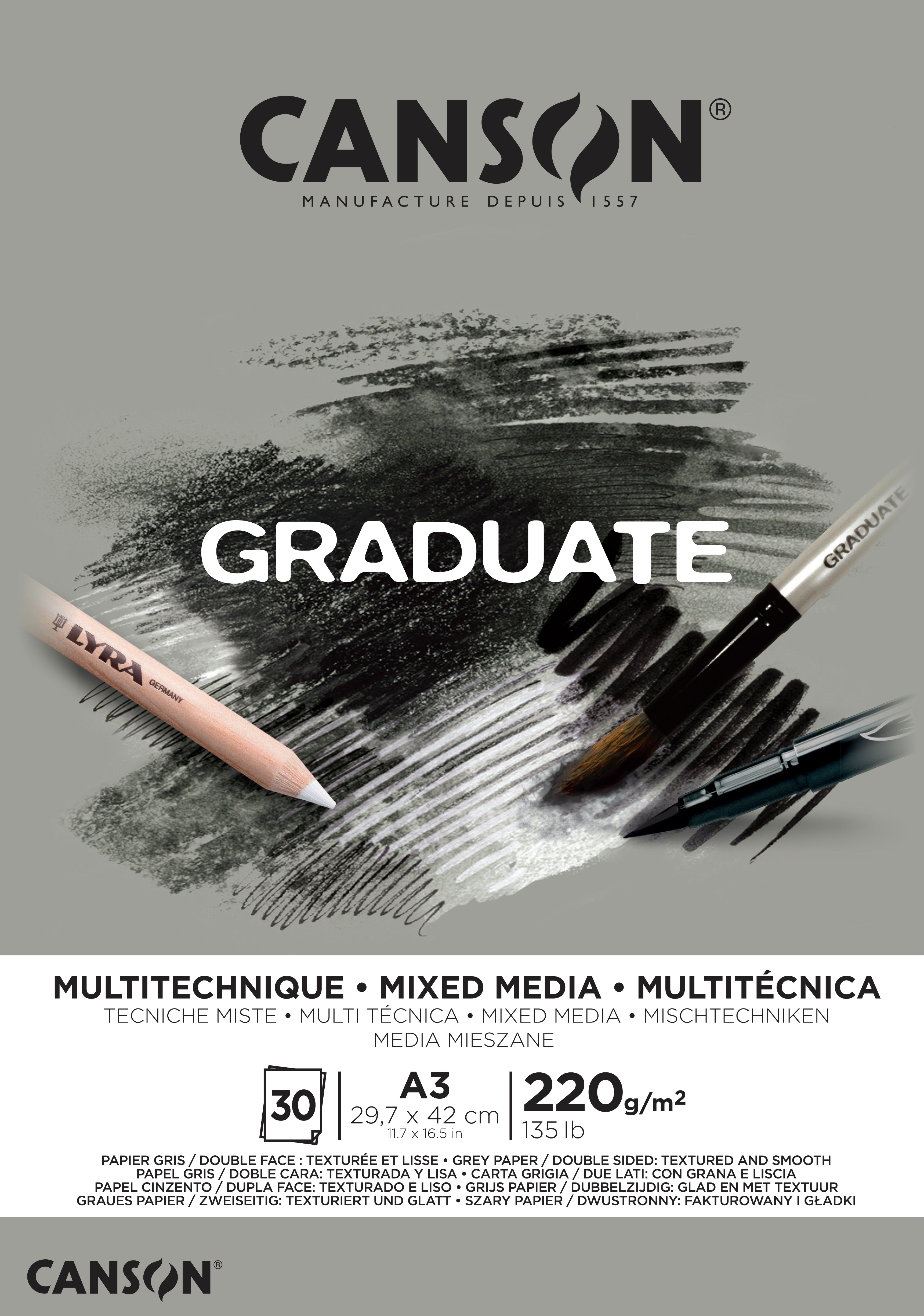 Canson Graduate Mixed Media Block – A3 – 220 g/m² – kurzseitig geleimt – 20 Blatt, grau, körnig & glatt