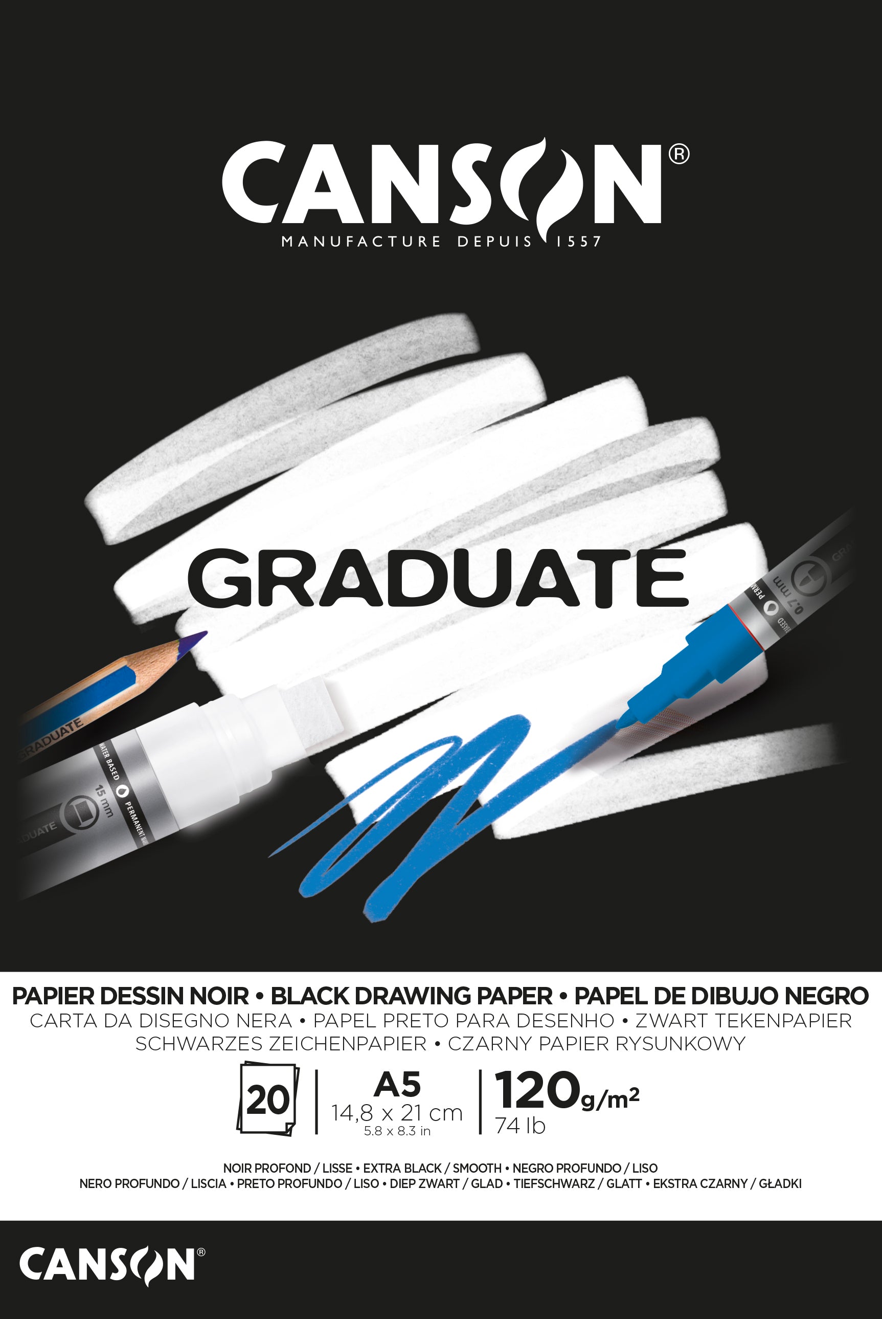 Canson Graduate Skizzenblock – A5 – 120 g/m² – kurzseitig geleimt – 20 Blatt, schwarz, glatt