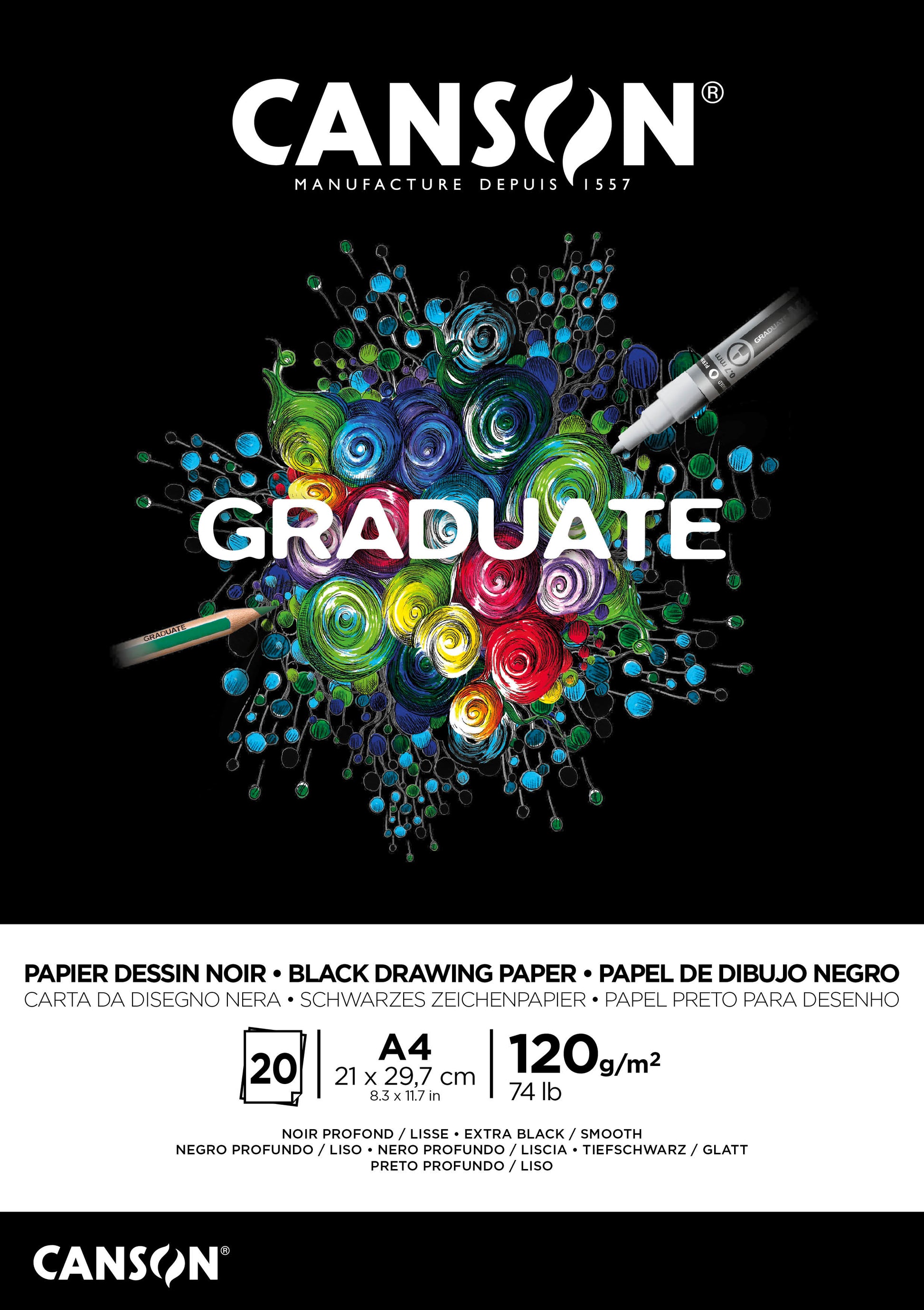 Canson Graduate Zeichenblock – A4, 120 g/m², schwarz, glatt, geleimt, 20 Blatt – FSC