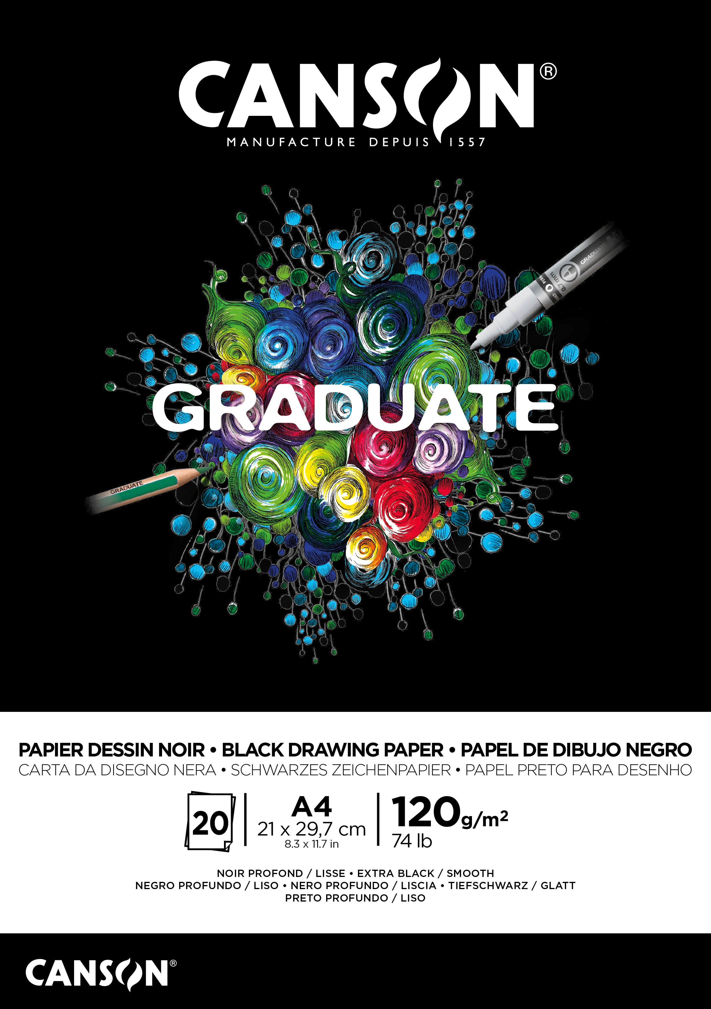 Canson Graduate Zeichenblock – A4, 120 g/m², schwarz, glatt, geleimt, 20 Blatt – FSC