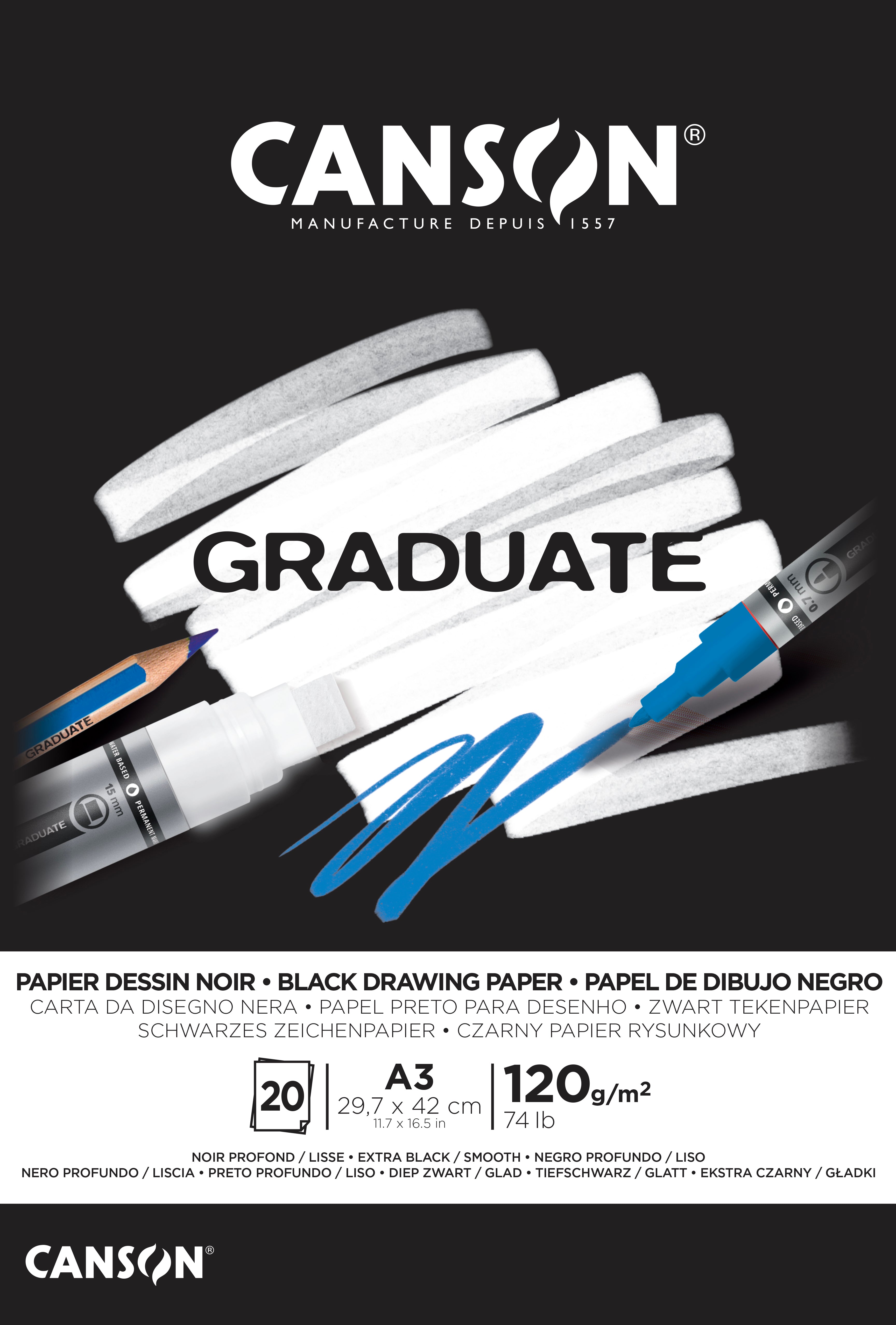 Canson Graduate Skizzenblock – A3 – 120 g/m² – geleimt – 20 Blatt, schwarz, glatt, FSC