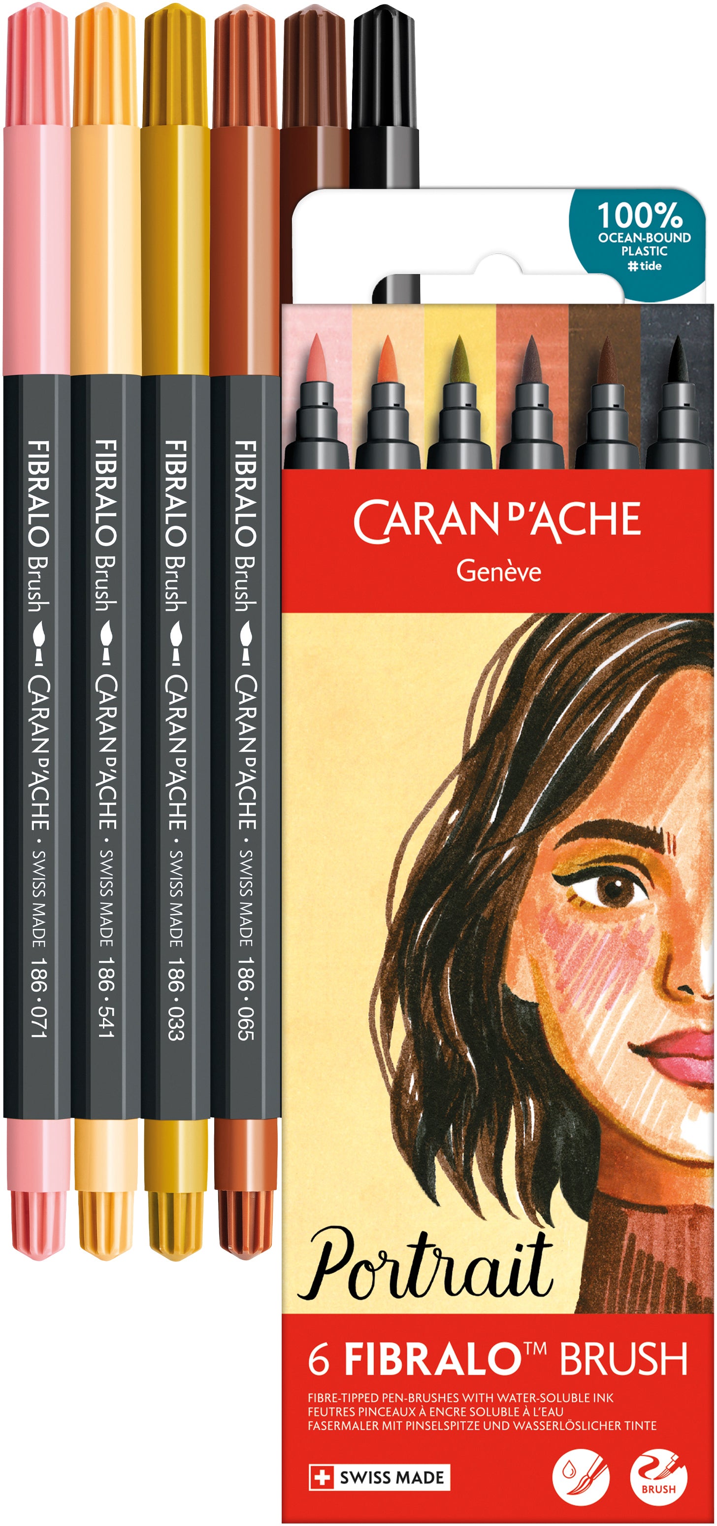 Caran d-Ache Caran d'Ache Fibralo Brush Fasermaler, Doppelspitze – Pinsel + 0,5 mm, wasservermalbar, 6 Farben