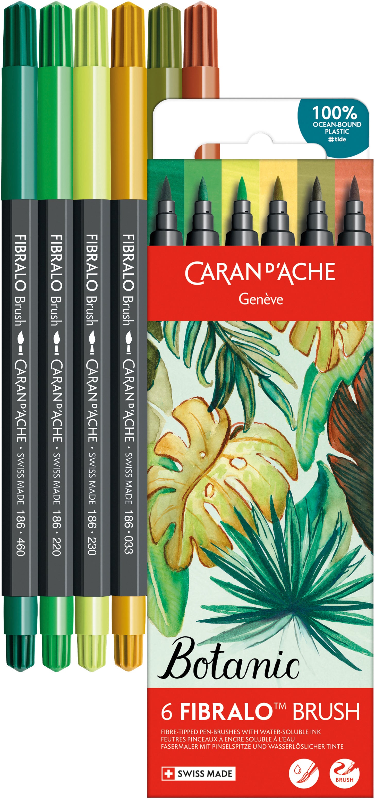 Caran d-Ache Caran d'Ache Fibralo Brush Fasermaler, Doppelspitze, Botanic – 0,5–5 mm, wasservermalbar, 6er Set