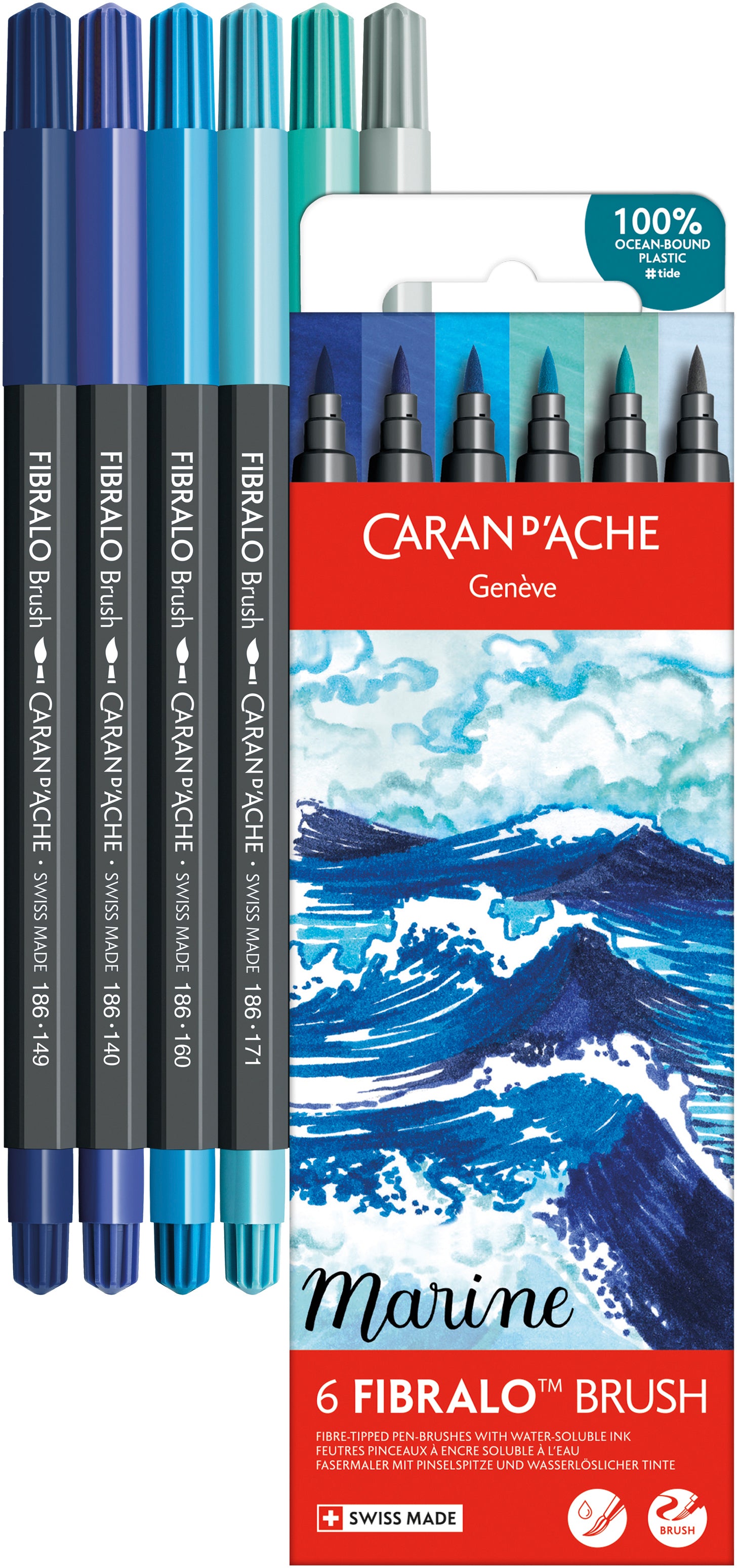 Caran d-Ache Caran d'Ache Fibralo Brush Fasermaler, Doppelspitze, Marine – Kombi, 0,5–5 mm, wasservermalbar, 6er Set
