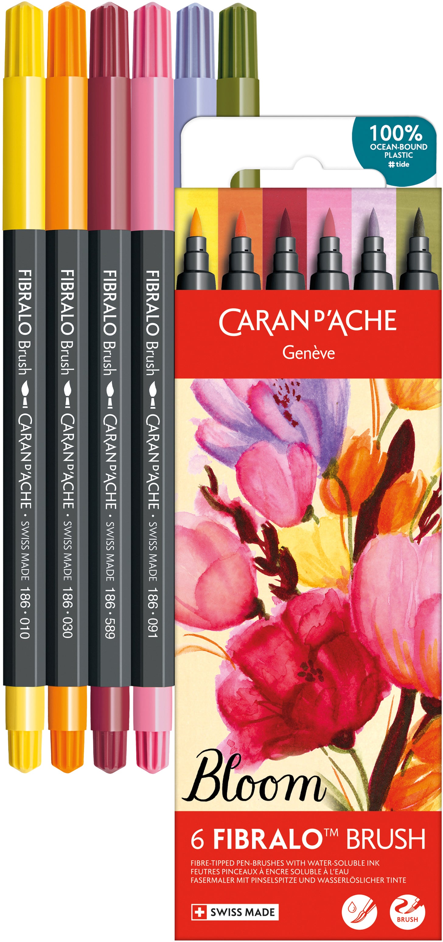 Caran d-Ache Caran d'Ache Fibralo Classic Brush Pen, Bloom – Doppelspitze, Pinsel + 0,5 mm, 0,5–5 mm, wasservermalbar, 6er