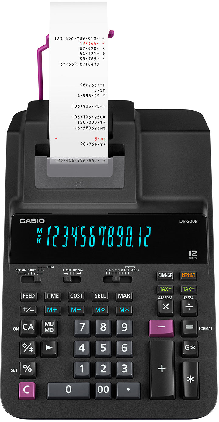 Casio Druckender Tischrechner DR-200R – 12-stellig, 2-farbiger Druck – Netz/Batterie – Schwarz