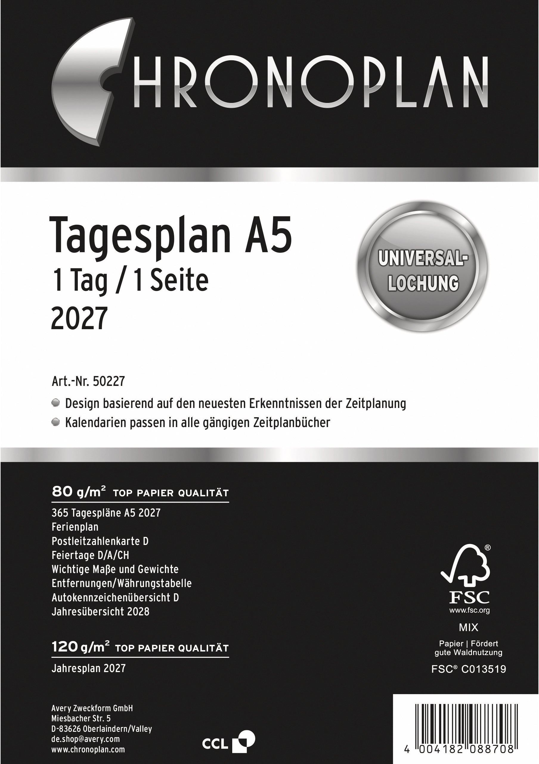 Chronoplan 50227Z.27 – Kalendereinlage 2027, 1 Tag/1 Seite, A5, für gängige Terminplaner (Universallochung)