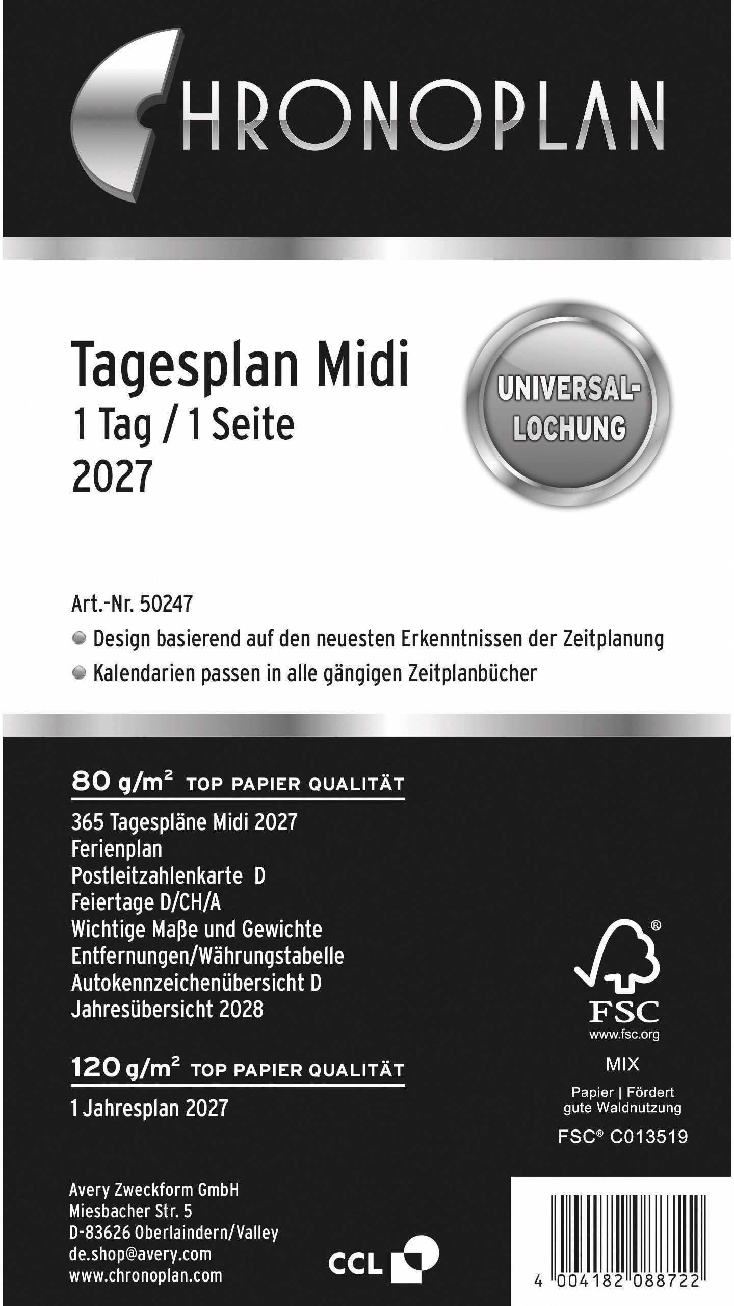 Chronoplan Kalendereinlage 2027, 1 Tag/1 Seite, 9,9 × 17,4 cm