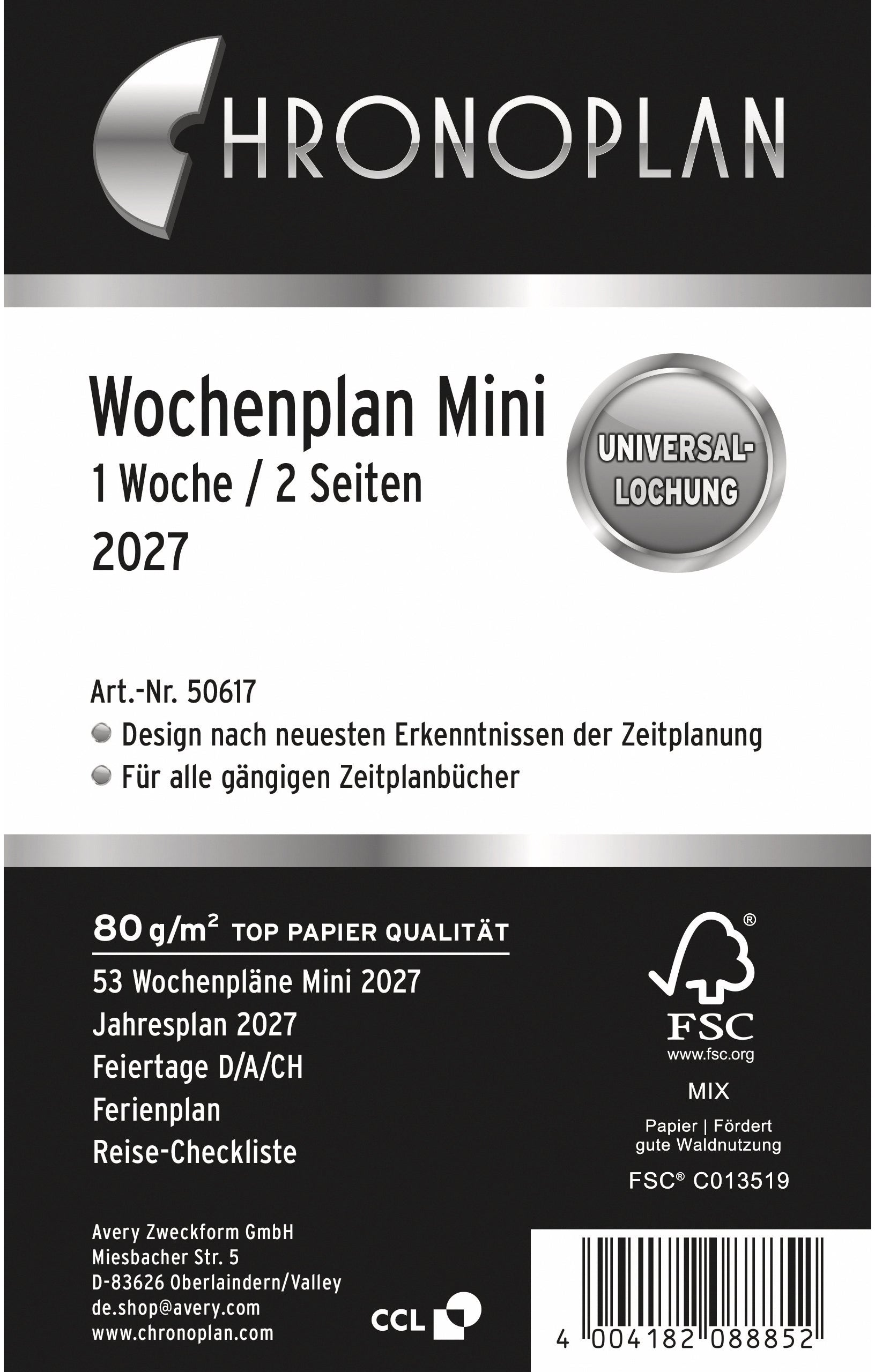 Chronoplan Mini Kalendereinlage 2027, 1 Woche/2 Seiten, 7,9 × 12,6 cm, für Universallochung