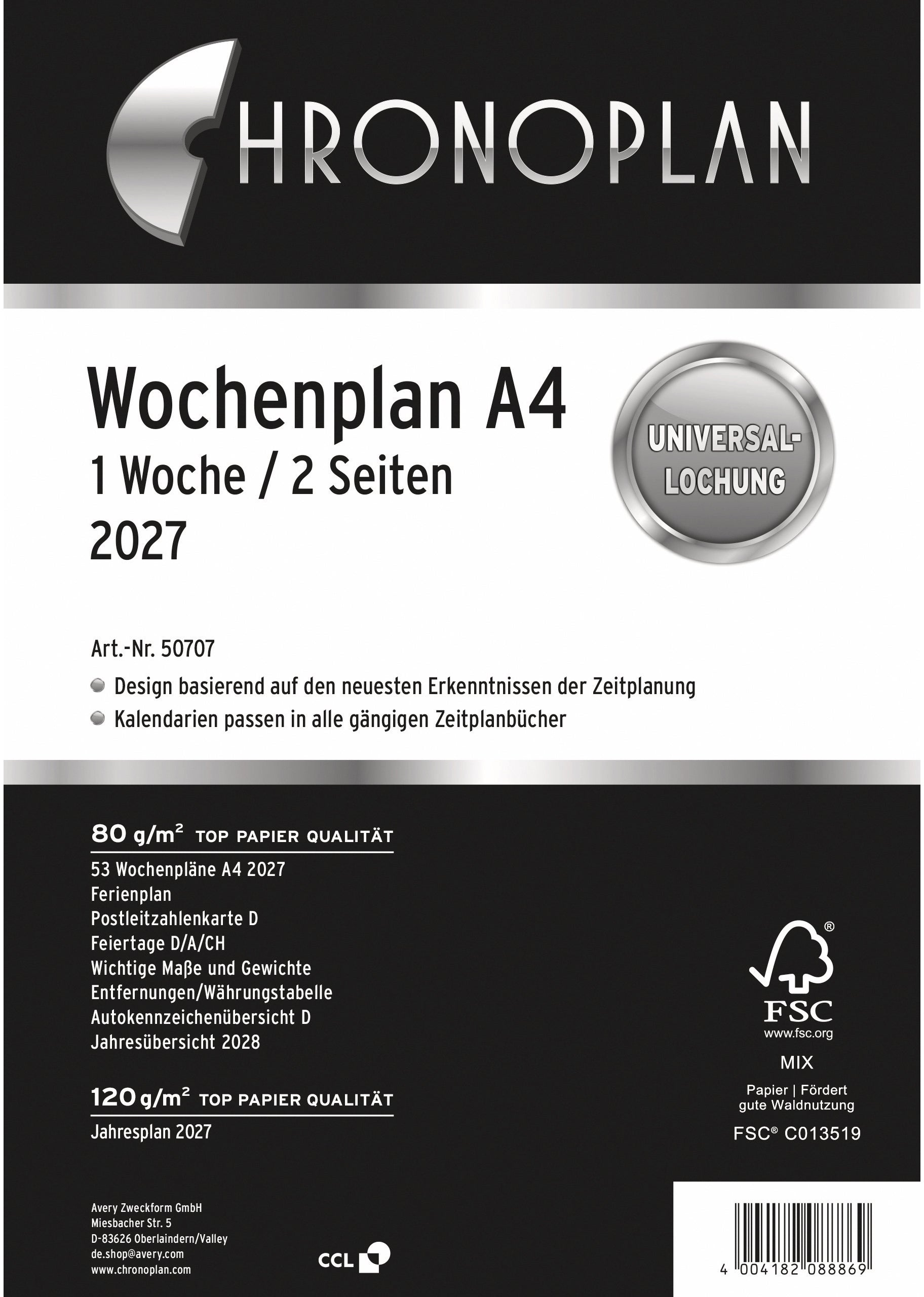 Chronoplan 50707Z.27 – Kalendereinlage 2027, 1 Woche/2 Seiten, A4, für gängige Terminplaner (Universallochung)