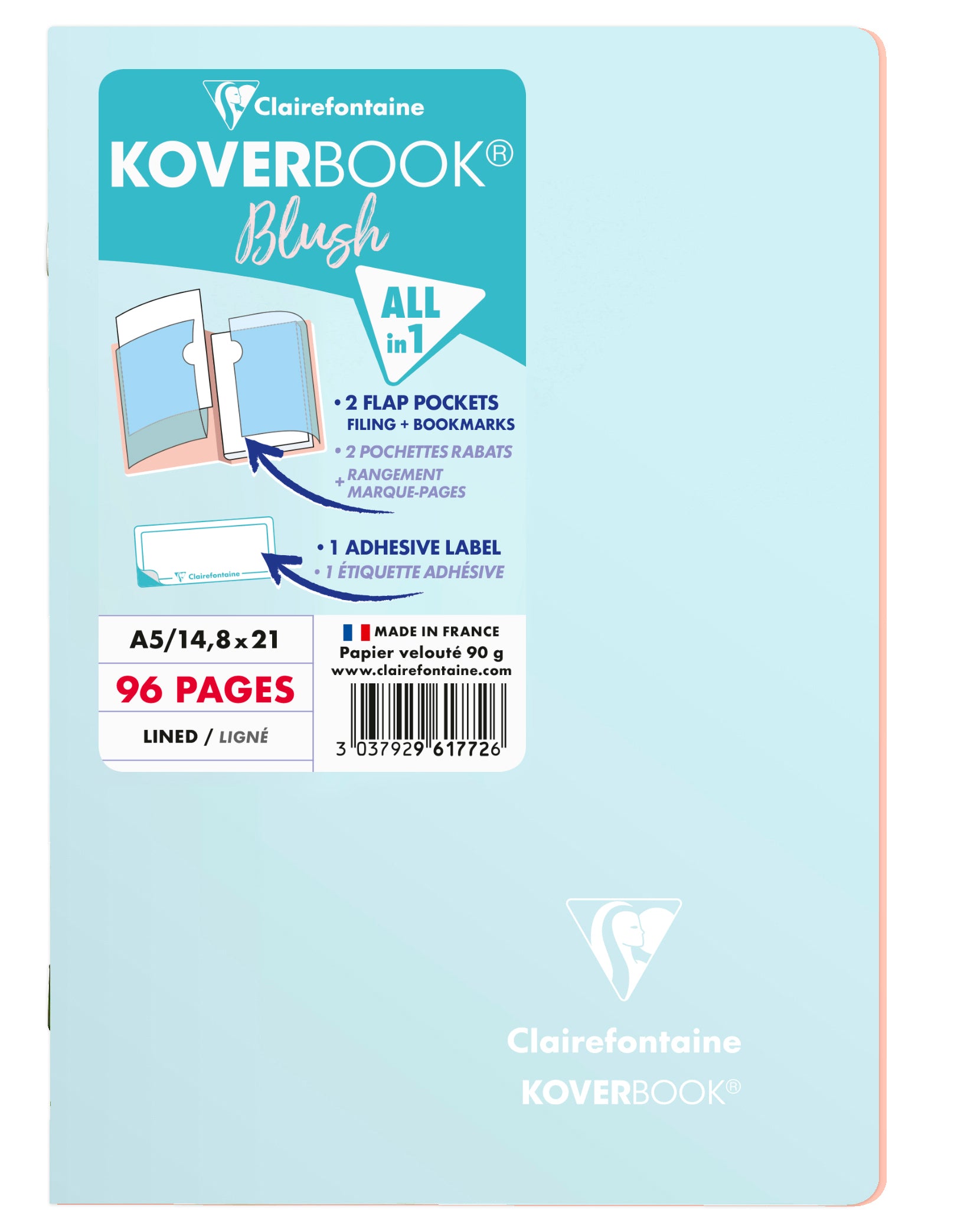 Clairefontaine Schulheft – A5 – Gebunden, 2 Klarsichthüllen, Selbstklebendes Etikett, Eisblau/Koralle, PEFC