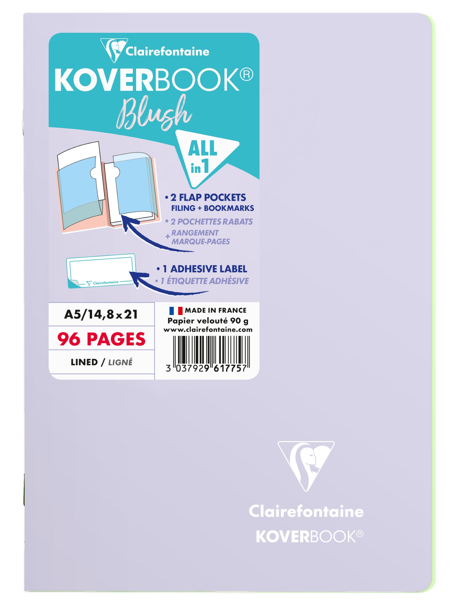 Clairefontaine Koverbook Blush Schulheft – A5 – liniert – 48 Blatt – 90 g/m² – gebunden, lila/lindgrün, PEFC