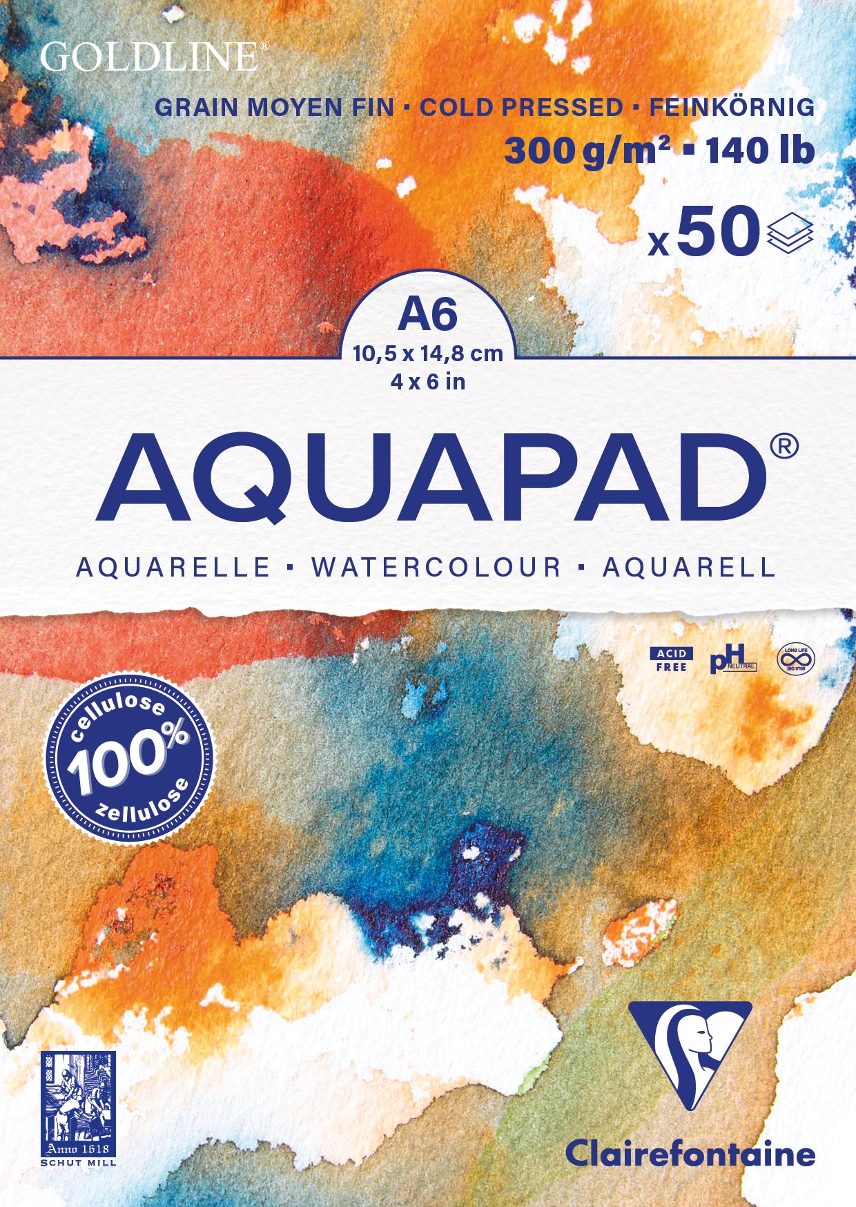 Clairefontaine Aquarellblock – A6 – 300 g/m² – geleimt – 50 Blatt, naturweiss, für Aquarell