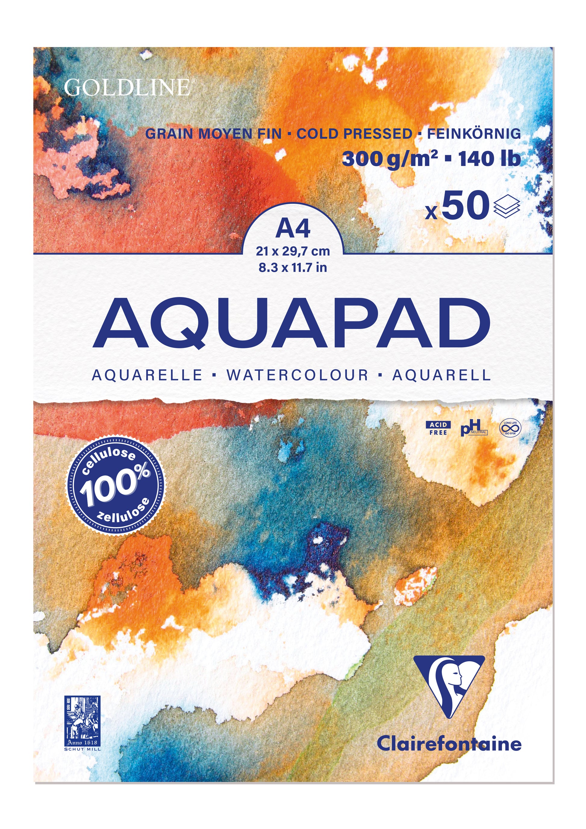 Clairefontaine AQUAPAD Aquarellblock – A4 – 300 g/m² – 50 Blatt – naturweiss, feinkörnig, säurefrei