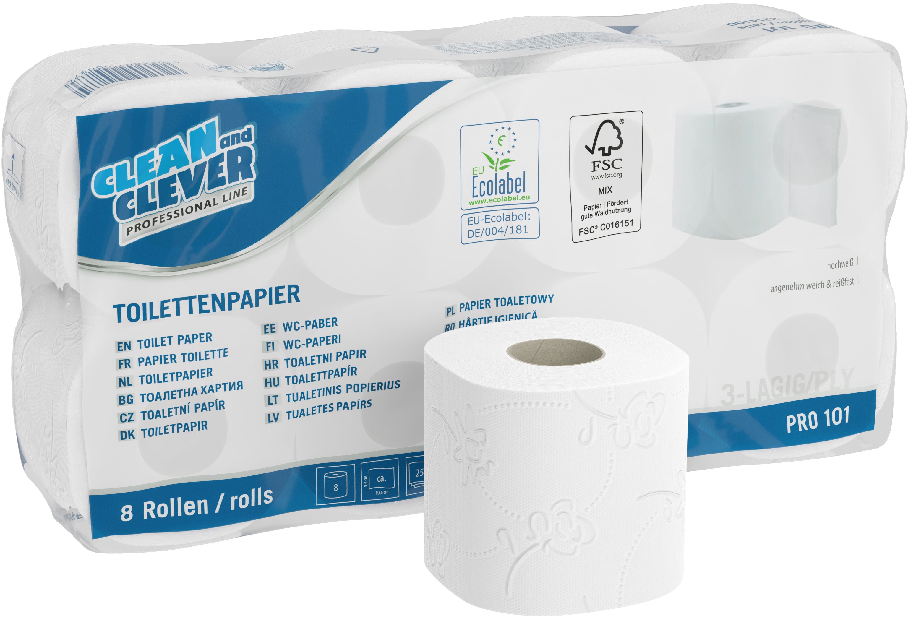 Clean and clever Toilettenpapier – 3-lagig, Blattgrösse 94 × 110 mm, 250 Blatt/Rolle – 64 Rollen