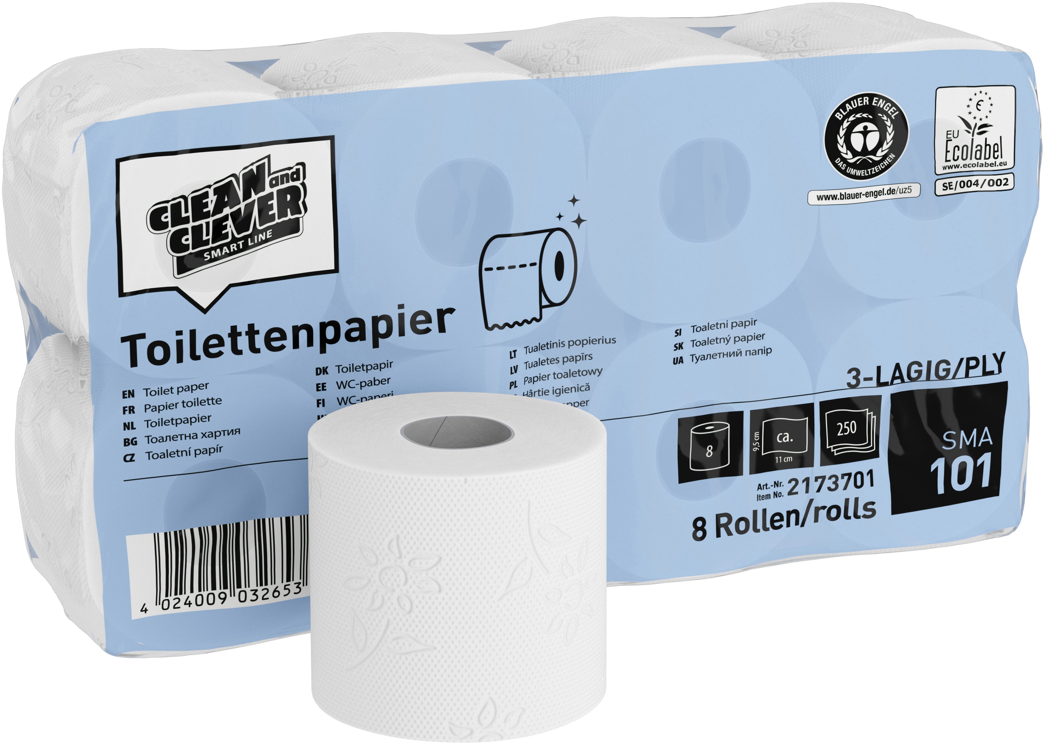 Clean and clever Toilettenpapier Kleinrolle – 3-lagig, Blattgrösse 94 × 110 mm, 250 Blatt/Rolle – 64 Rollen