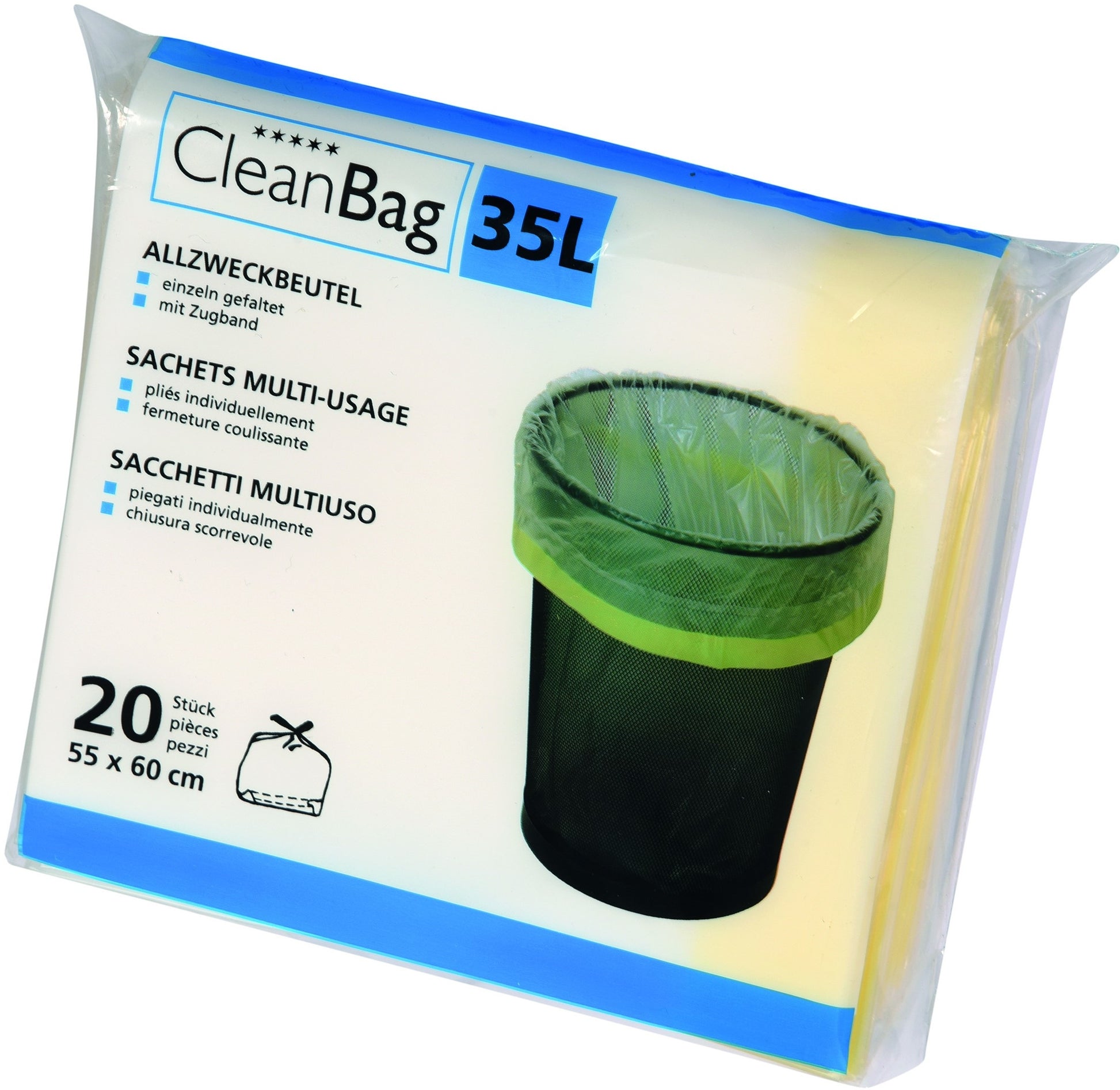 Cleanbag Mehrzweckbeutel – 35 l, mit Zugband, 165 × 40 × 180 mm, 20 Stk