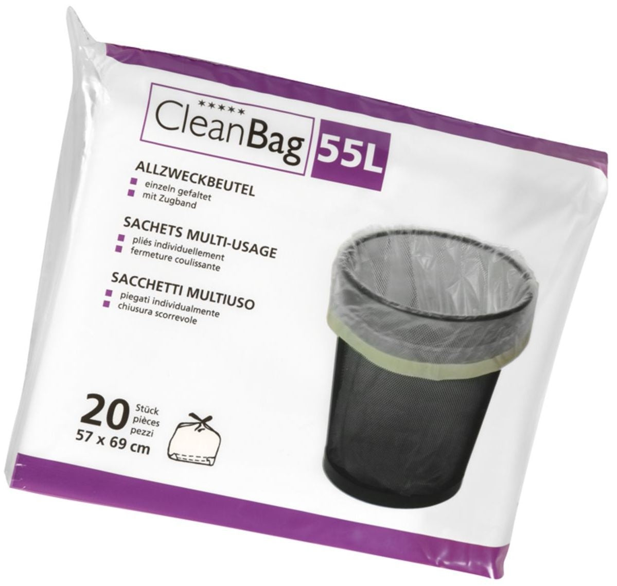 Cleanbag Mehrzweckbeutel 2575 – 55 l, mit Zugband, 180 × 43 × 155 mm