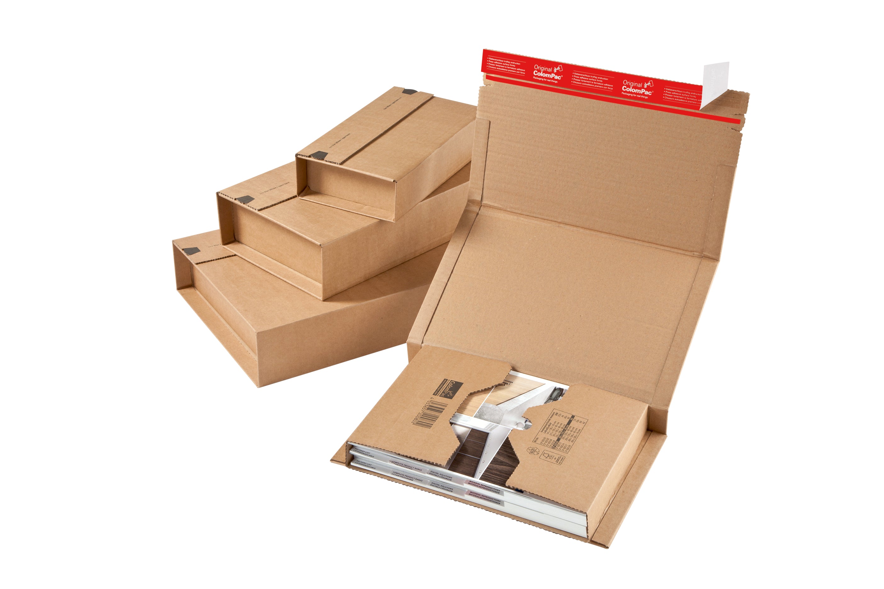 Colompac Versandverpackung – 809 × 387 × 94 mm, selbstklebend, Aufreissband, Eckschutz, braun