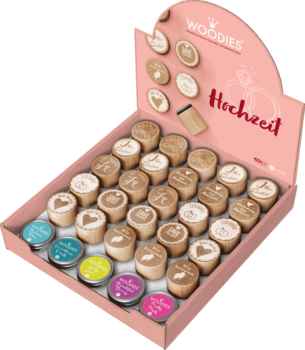Colop Stempel-Set – Hochzeit – 25 Stempel, 5 Stempelkissen – Holz