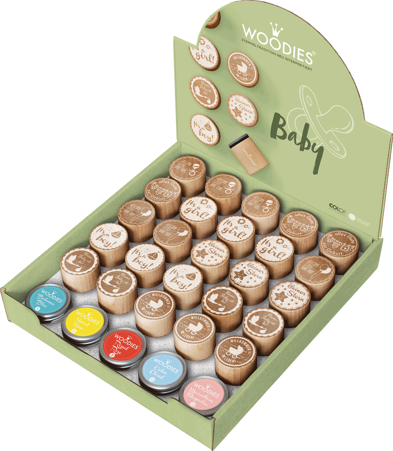Colop Stempel-Set – Woodies Baby Willkommen im Leben – 25 Stempel, 5 Stempelkissen – Holz