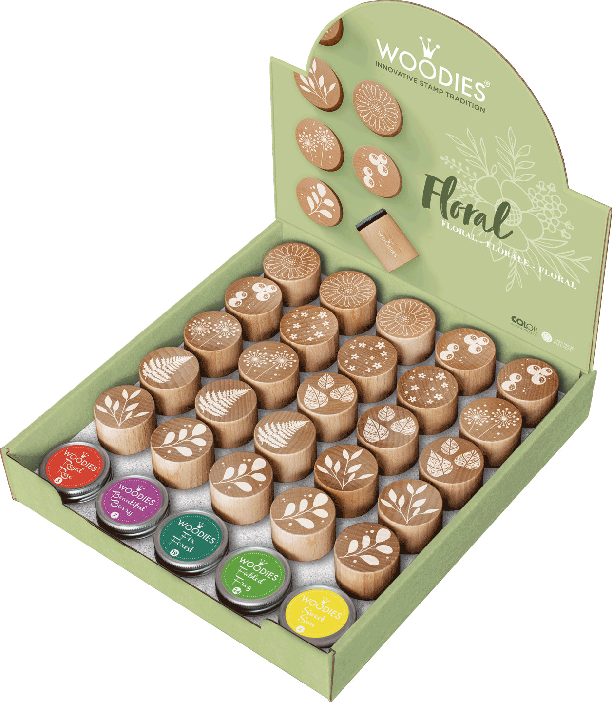 Colop Stempel-Set – Woodies Floral – 25 Stempel, 5 Stempelkissen – Holz