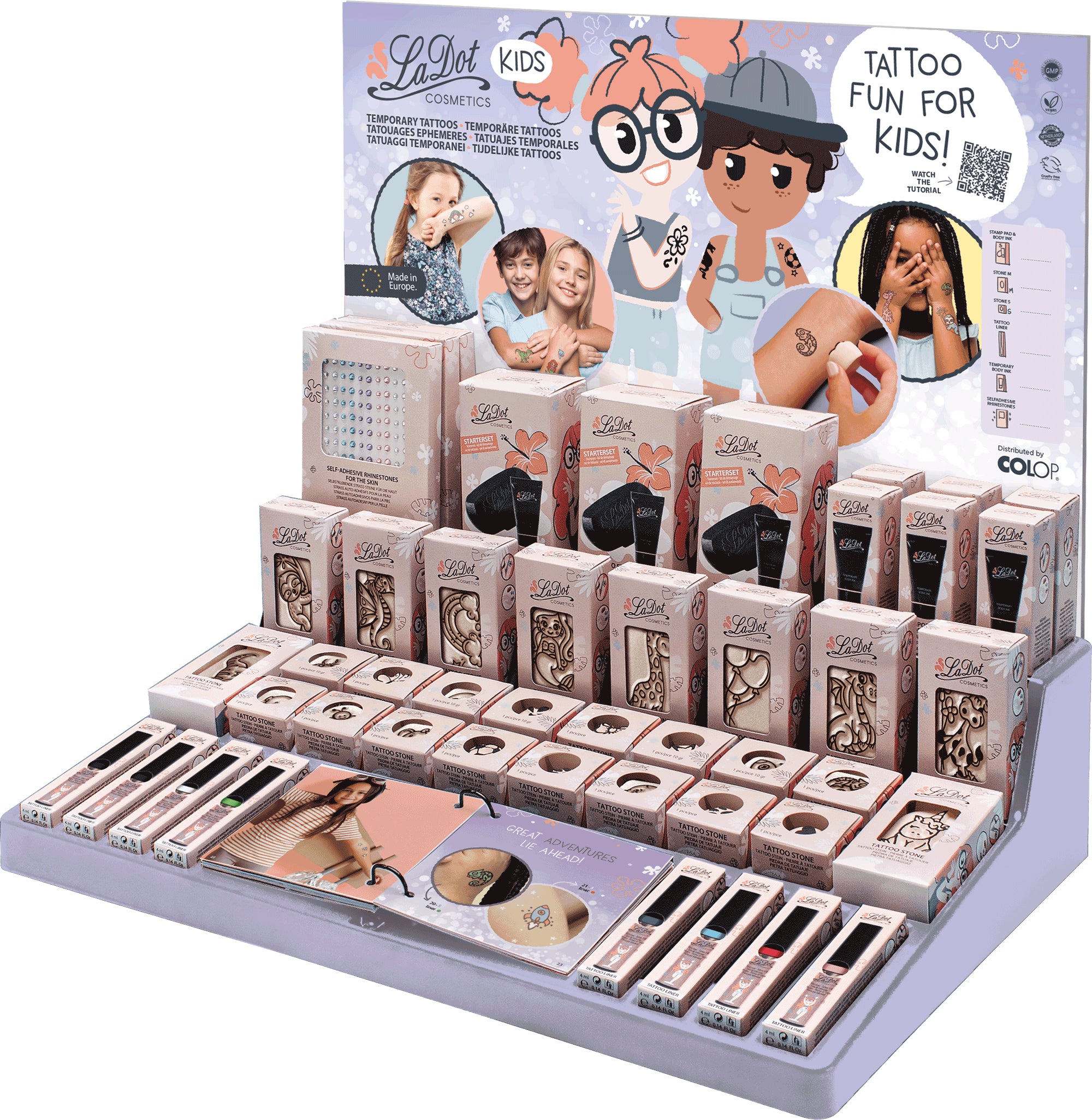 Colop Tattoo-Stempel-Set – LaDot KIDS Display – gefüllt mit Startersets, Bodytinte, Liner & Tattoo-Steinen