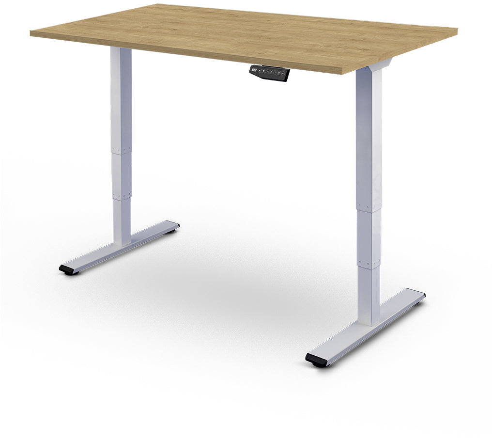 Contini ET225E – Sitz-/Steh-Tisch, elektrisch, 140 × 80 cm, Höhe 64,5–130 cm, 100 kg, Eiche/Weiss