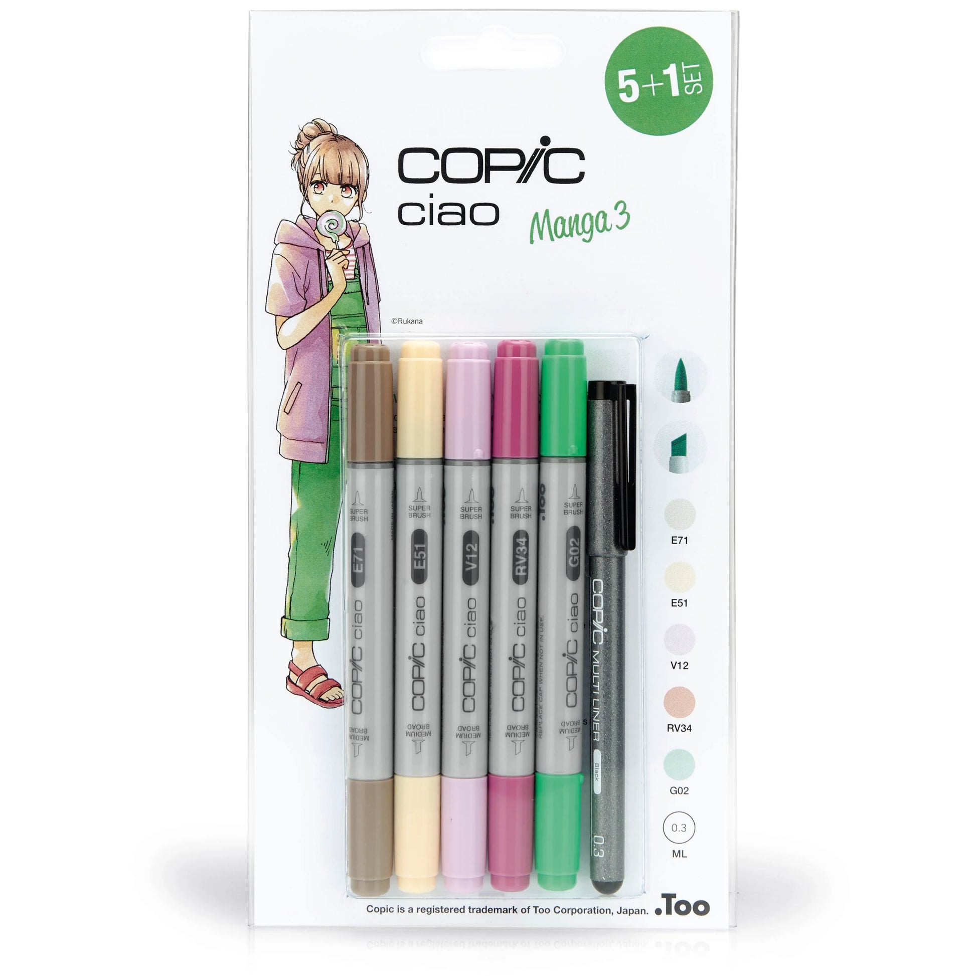 Copic ciao Permanentmarker – Doppeltspitze (mittelfein + Pinselspitze) – Manga 3, 6er-Set