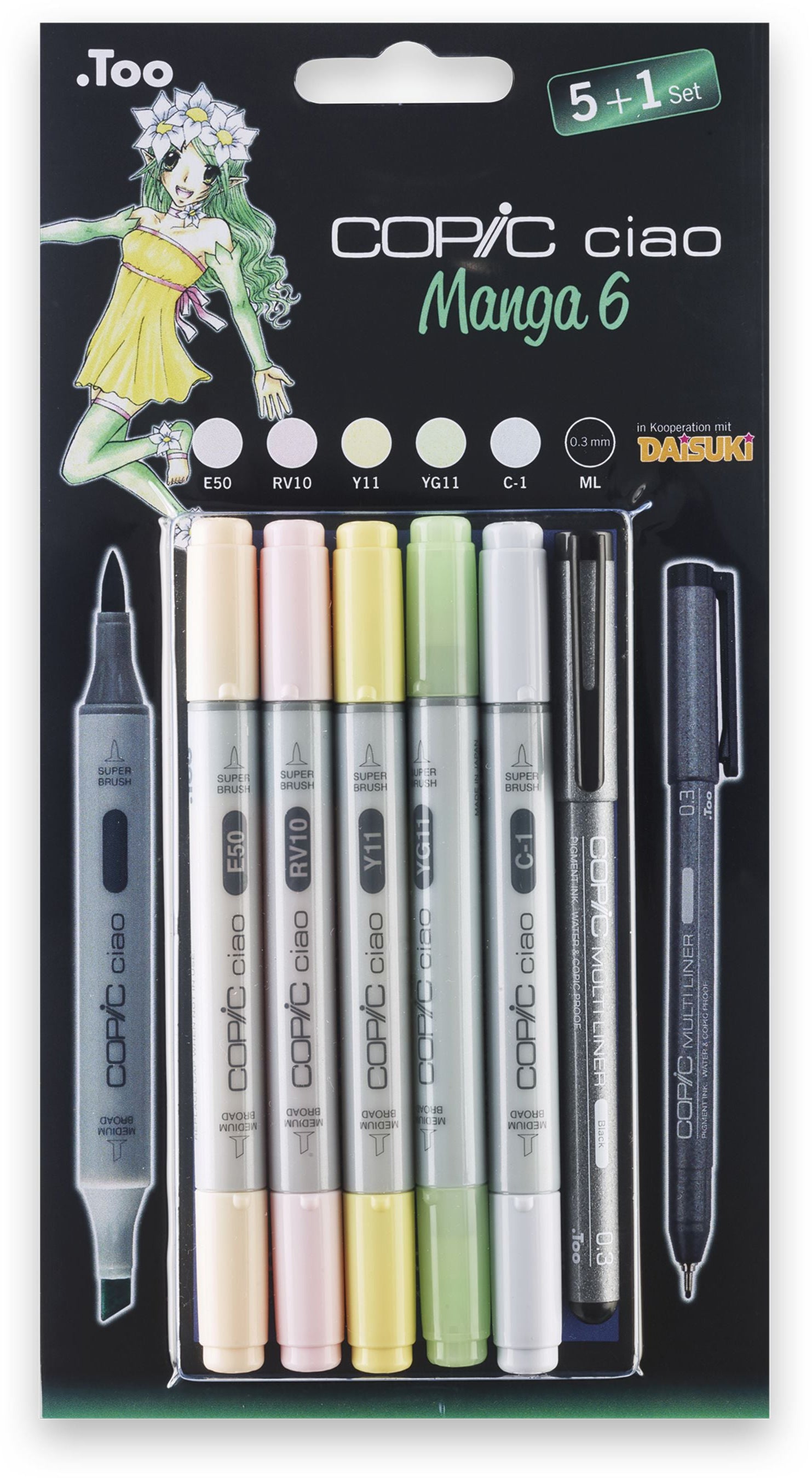 Copic Ciao Brush Pens, Doppelspitze – Kombi Pinsel/Medium Broad, 0,3 mm, 6er Set, Manga