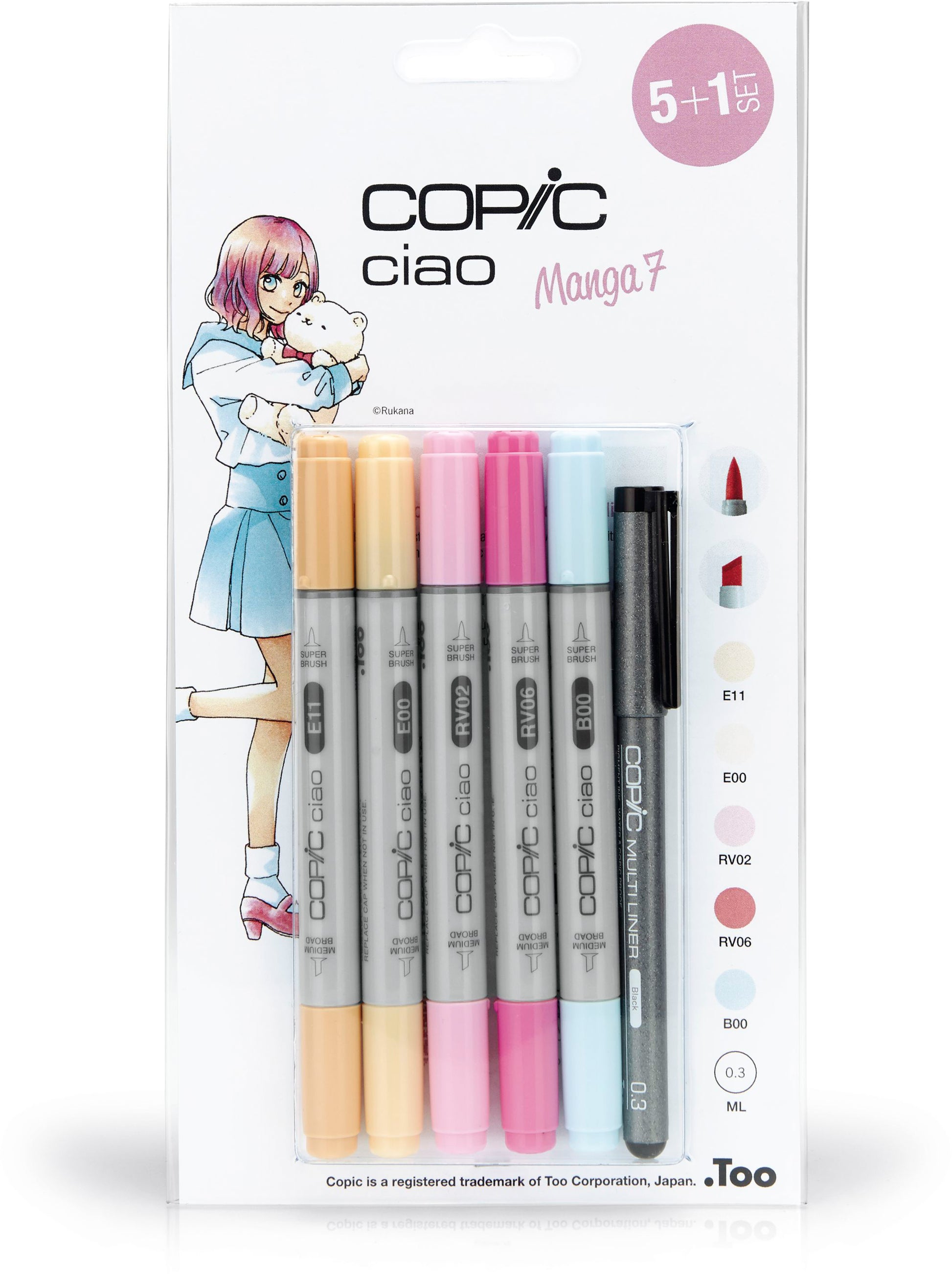 Copic ciao Brush Pen, Doppelspitze, Manga 7 – Pinsel + mittelfeine Spitze, alkoholbasiert, 5 Farben, 6er Set