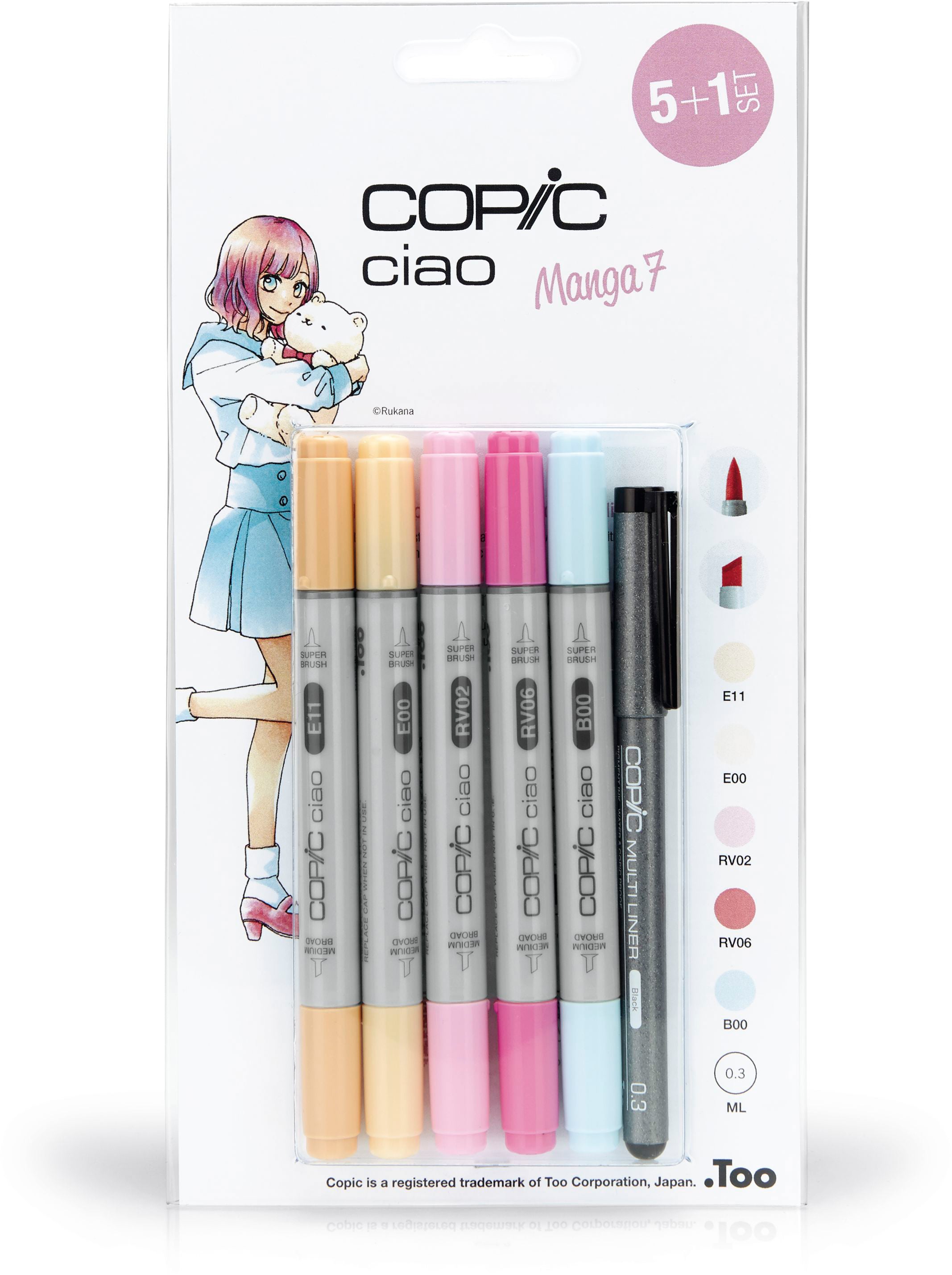 Copic ciao Brush Pen, Doppelspitze, Manga 7 – Pinsel + mittelfeine Spitze, alkoholbasiert, 5 Farben, 6er Set